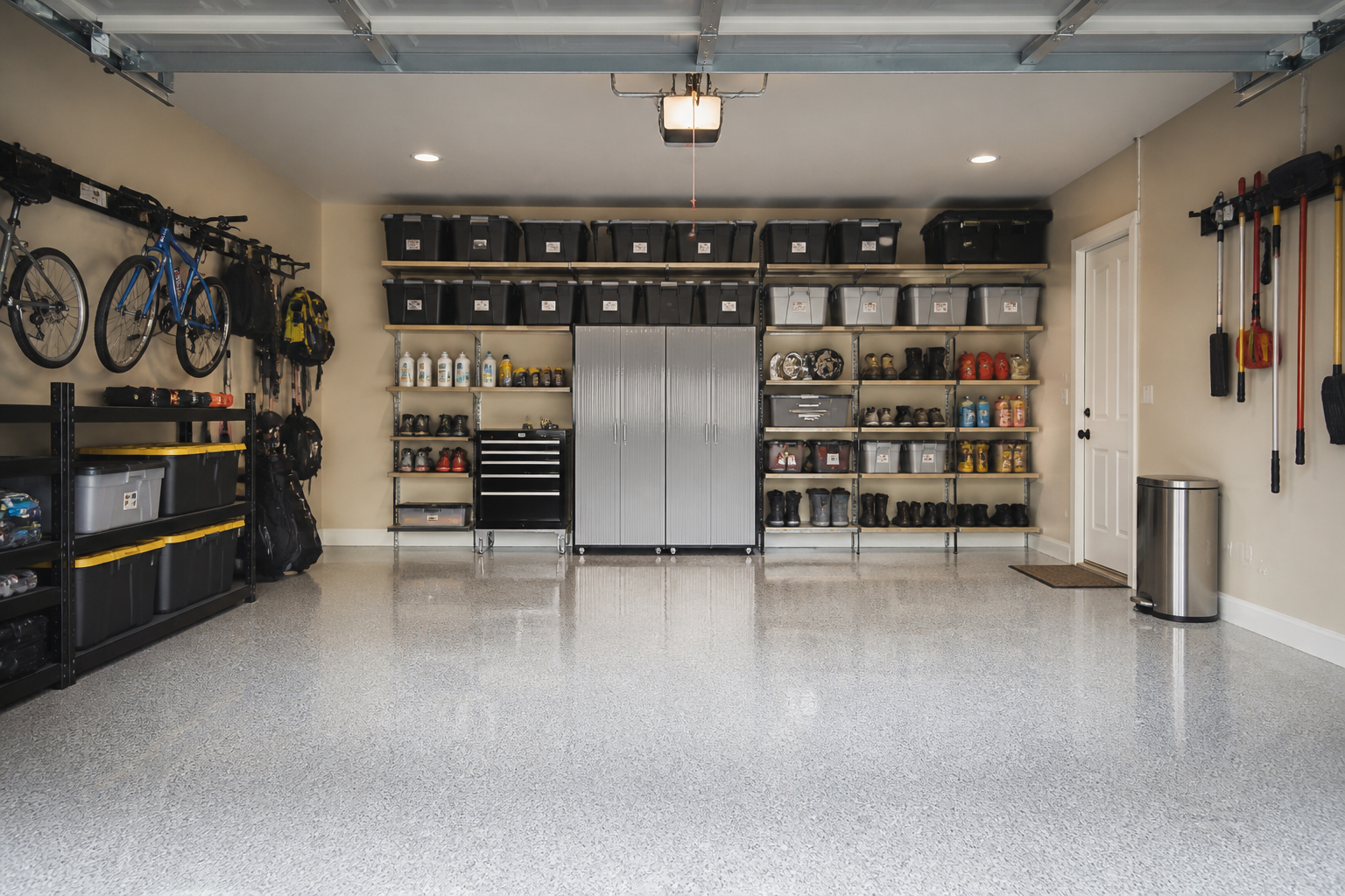 Clean and organized garage with shelves of storage boxes, shoes, and tools. Two bicycles and various equipment are mounted on the left wall, and gardening tools hang on the right wall. The floor is shiny, light-colored epoxy.