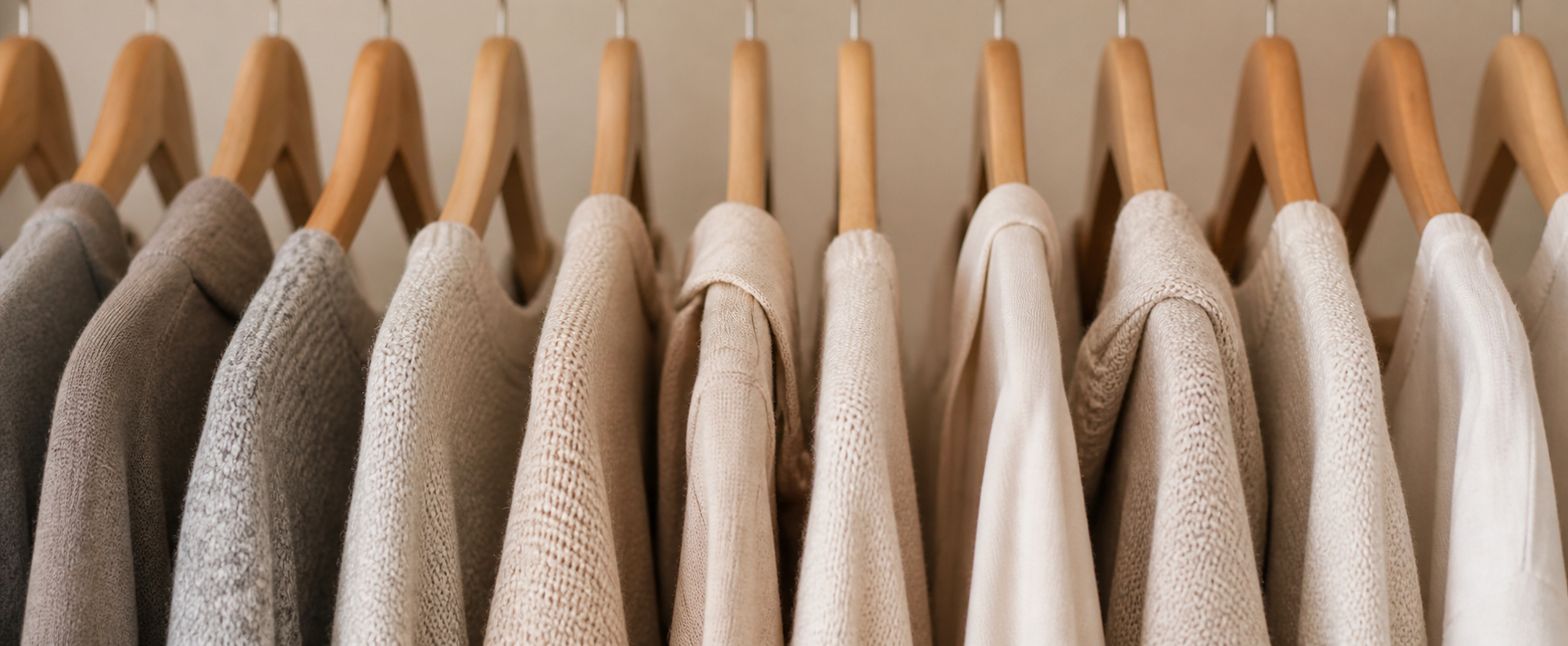 A row of neutral-toned clothing—beige, gray, and cream sweaters and tops—neatly hung on wooden hangers, creating a clean, minimalist wardrobe display with soft, warm lighting.