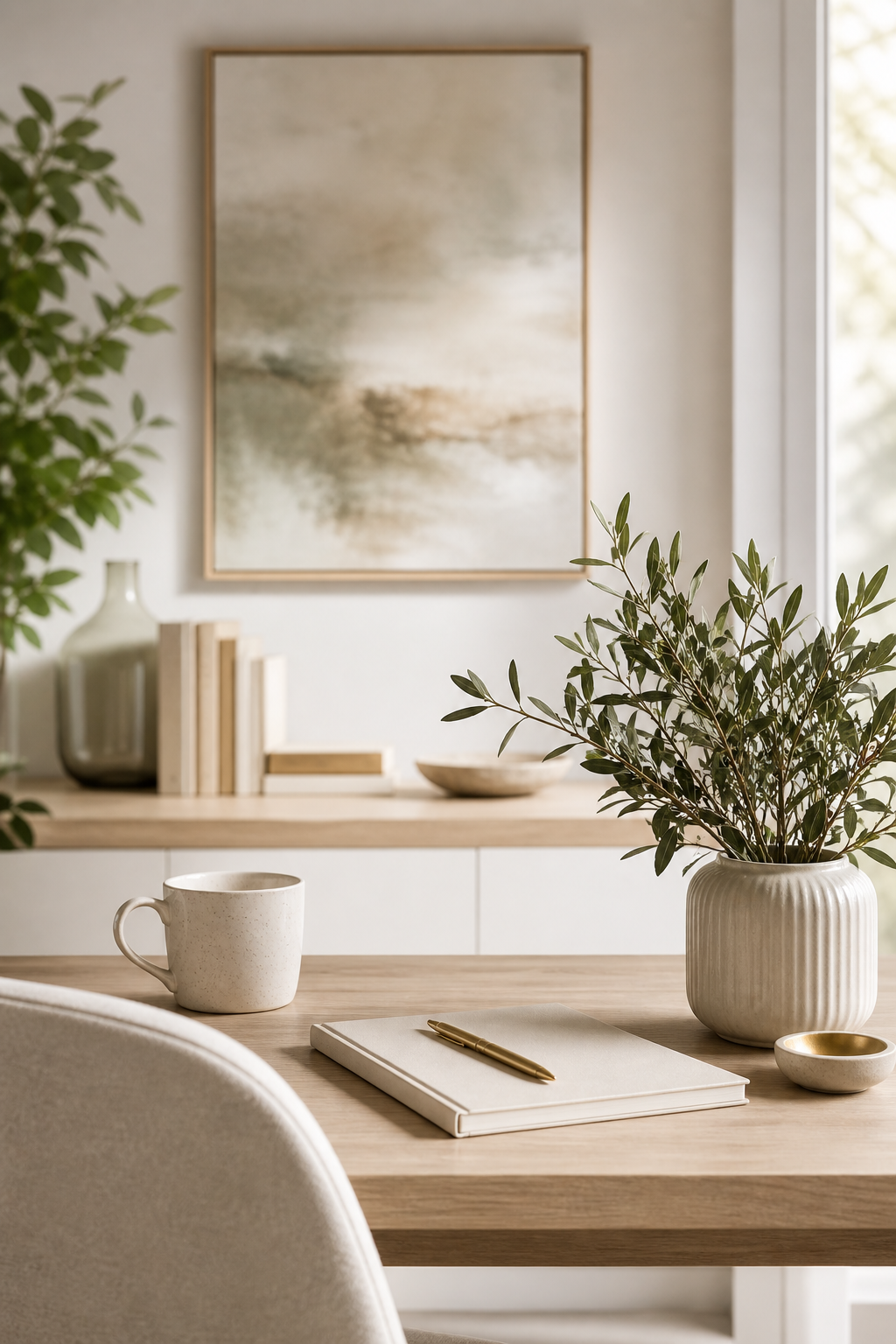 Minimalist, organized workspace with neutral decor, featuring a wooden desk, ceramic mug, notebook with pen, and a vase with greenery, set against a soft, light-filled background with clean lines and calming, clutter-free styling.