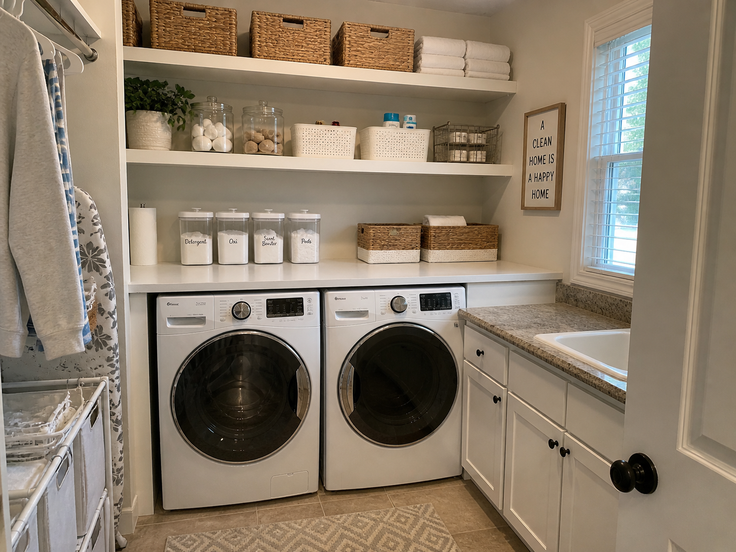A clean, well-organized laundry room with a washer and dryer beneath a countertop, open shelves holding baskets, jars, and folded towels, and a small sink by a window letting in natural light.