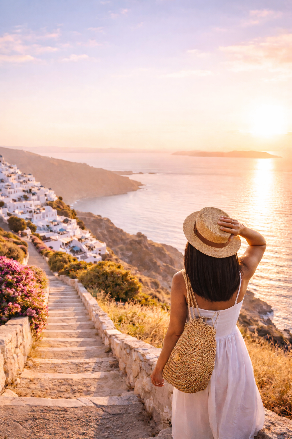 A woman in a white dress and straw hat holding a woven bag stands on a stone stairway overlooking a coastal town at sunset, with white buildings on a hillside and the ocean in the background.