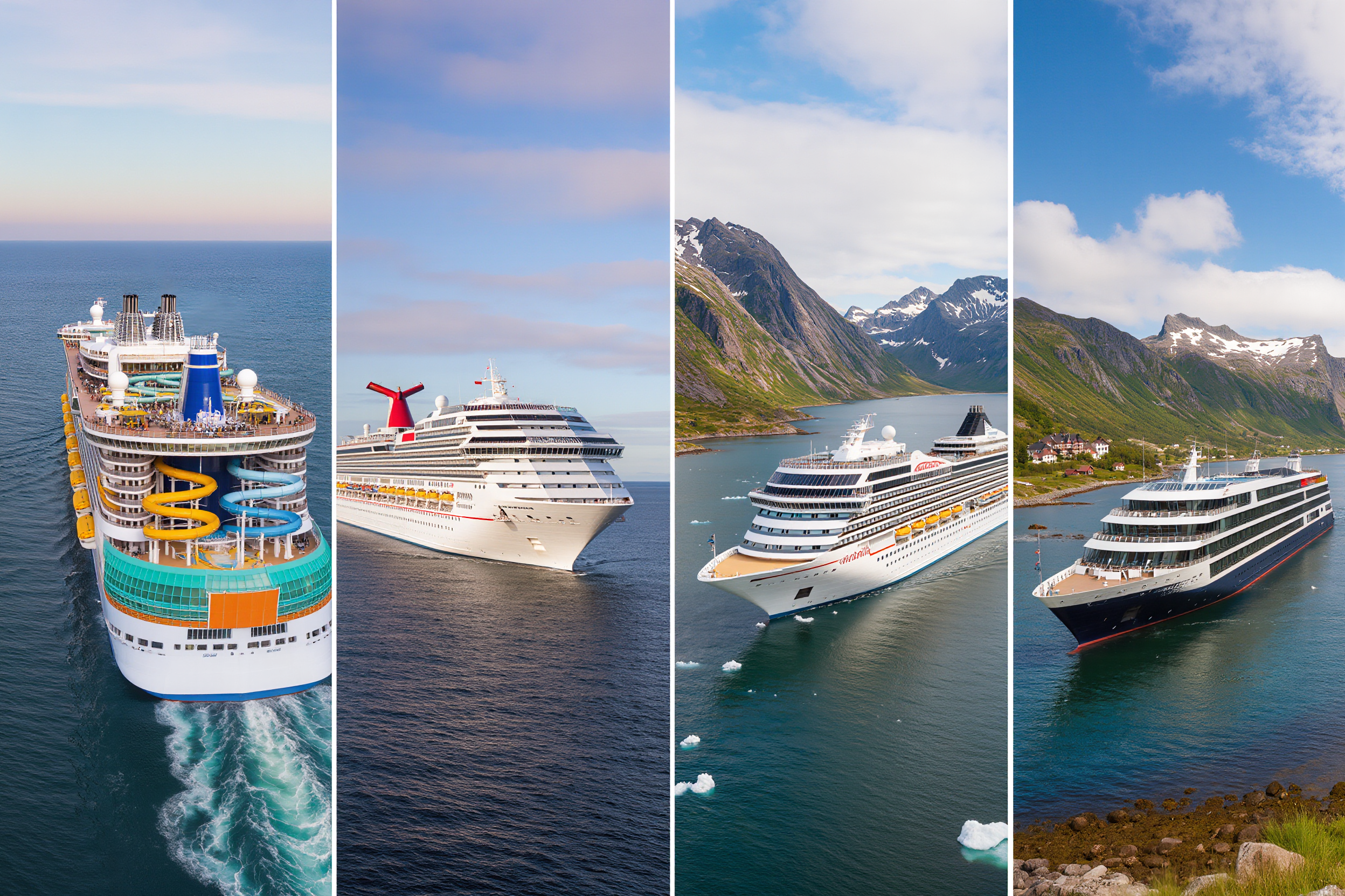 Different cruise ships shown side by side to compare cruise line styles and experiences