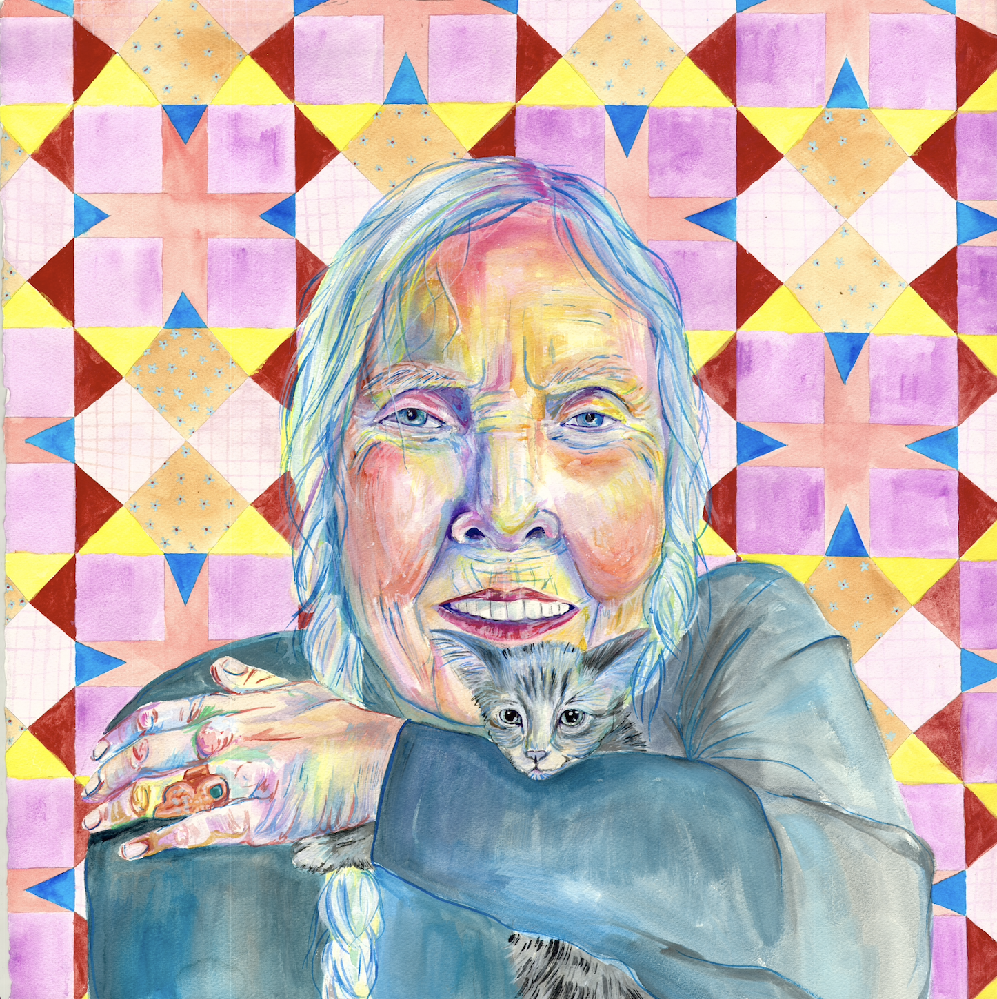 Joni Mitchell - 

25"x25"
Watercolor and Embroidery - $700