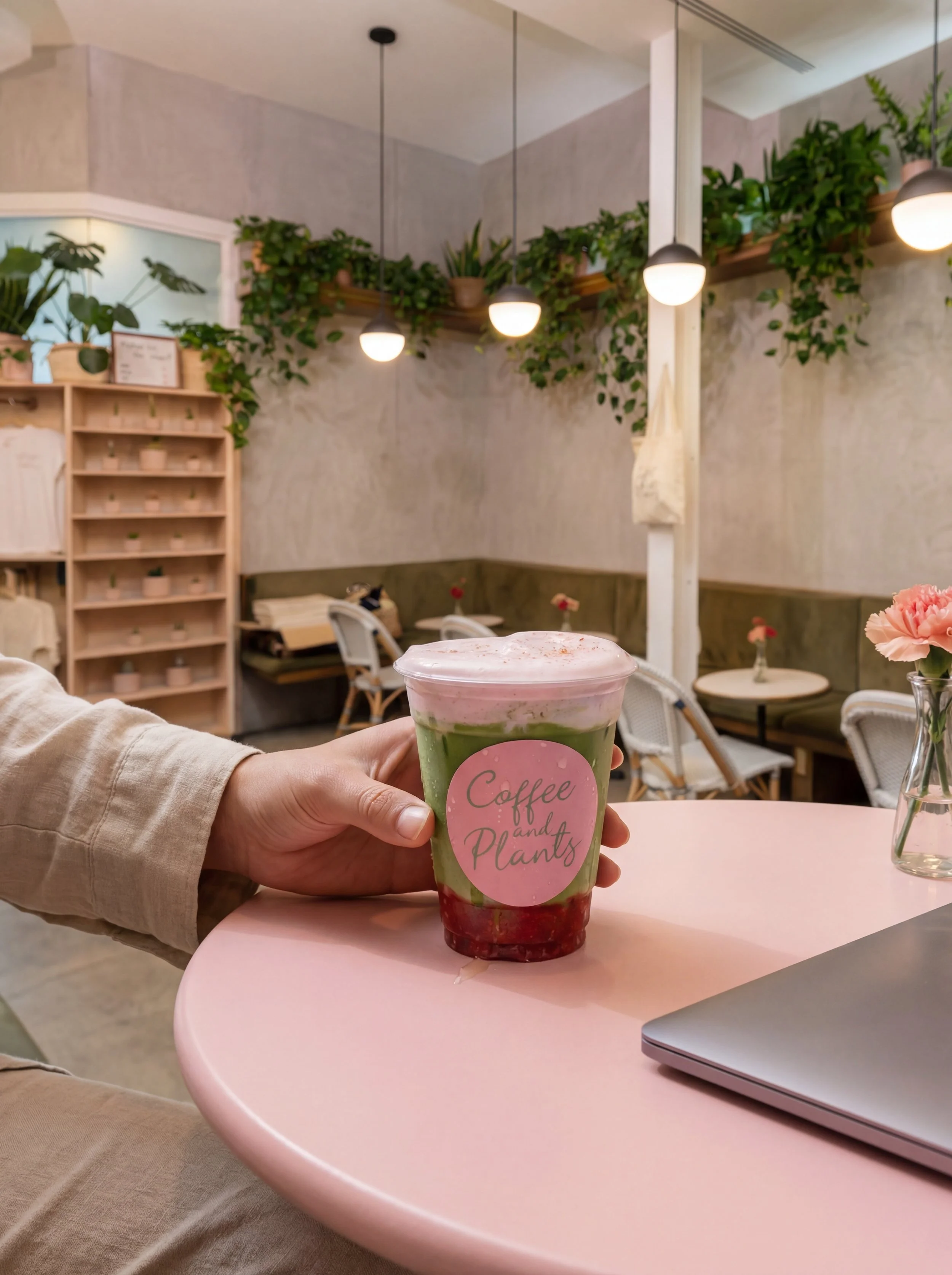 A hand holding a colorful layered drink with a pink foam top, labeled "Coffee and Plants," on a pink table in a cozy cafe with green plants and soft lighting.