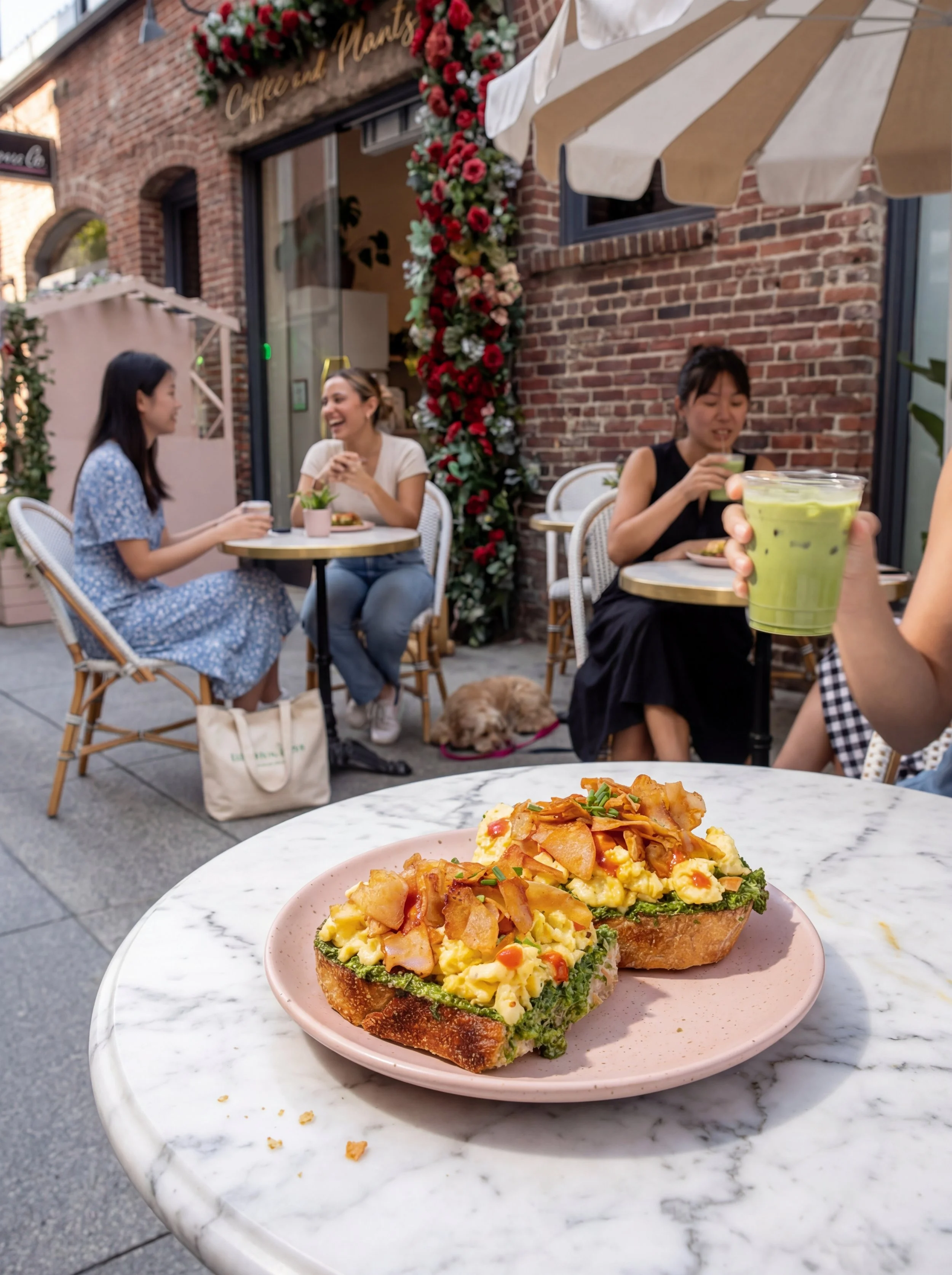 Close-up of avocado toast with scrambled eggs, bacon, and green onions on a pink plate on a marble table, with a patio and people dining in the background.