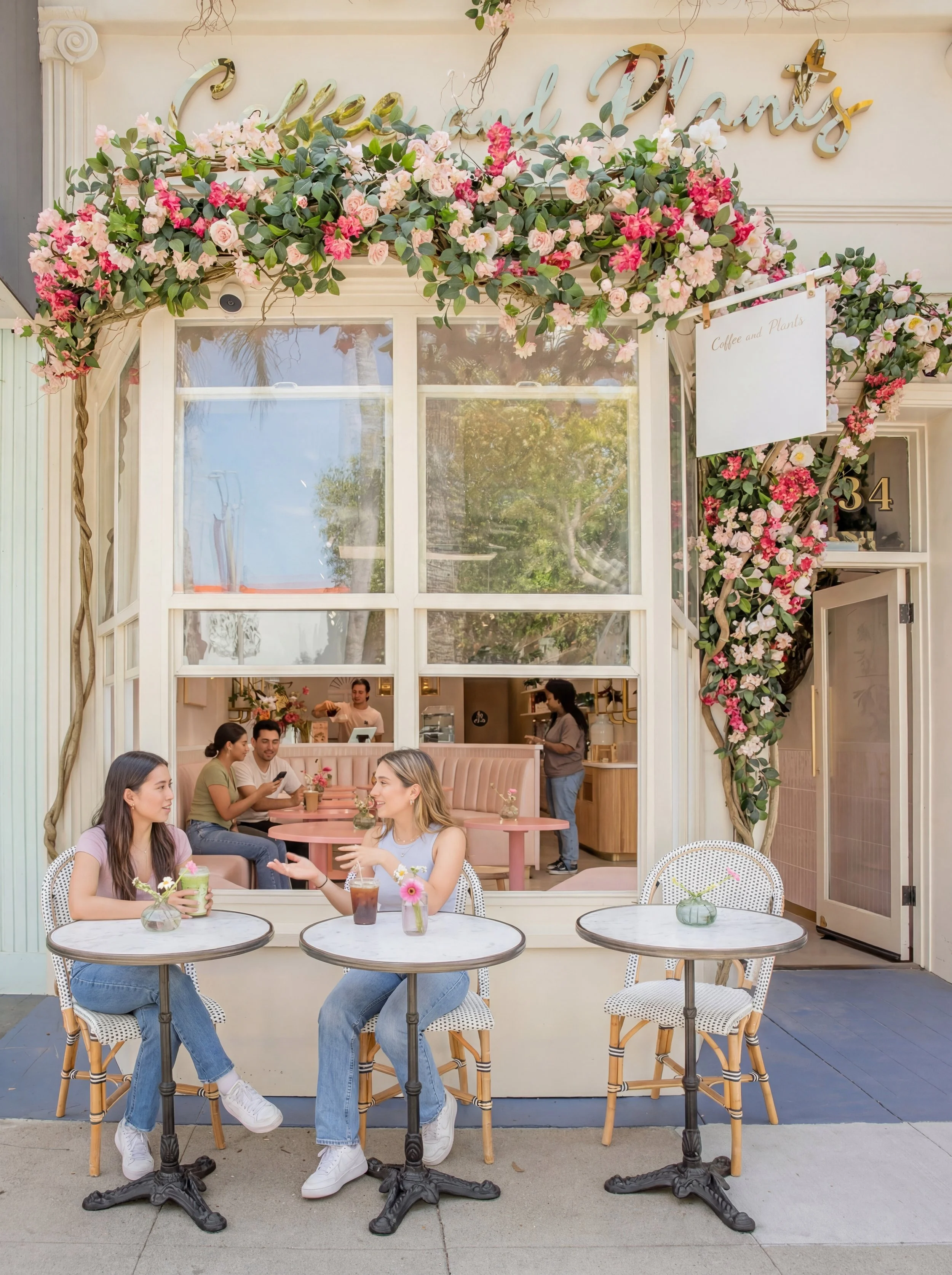 A storefront with floral decorations, a large window, and outdoor tables. Inside, several people sit and chat, with one worker behind the counter. The exterior has a sign reading 'Coffee and Plants' and floral arrangements around the window and sign.