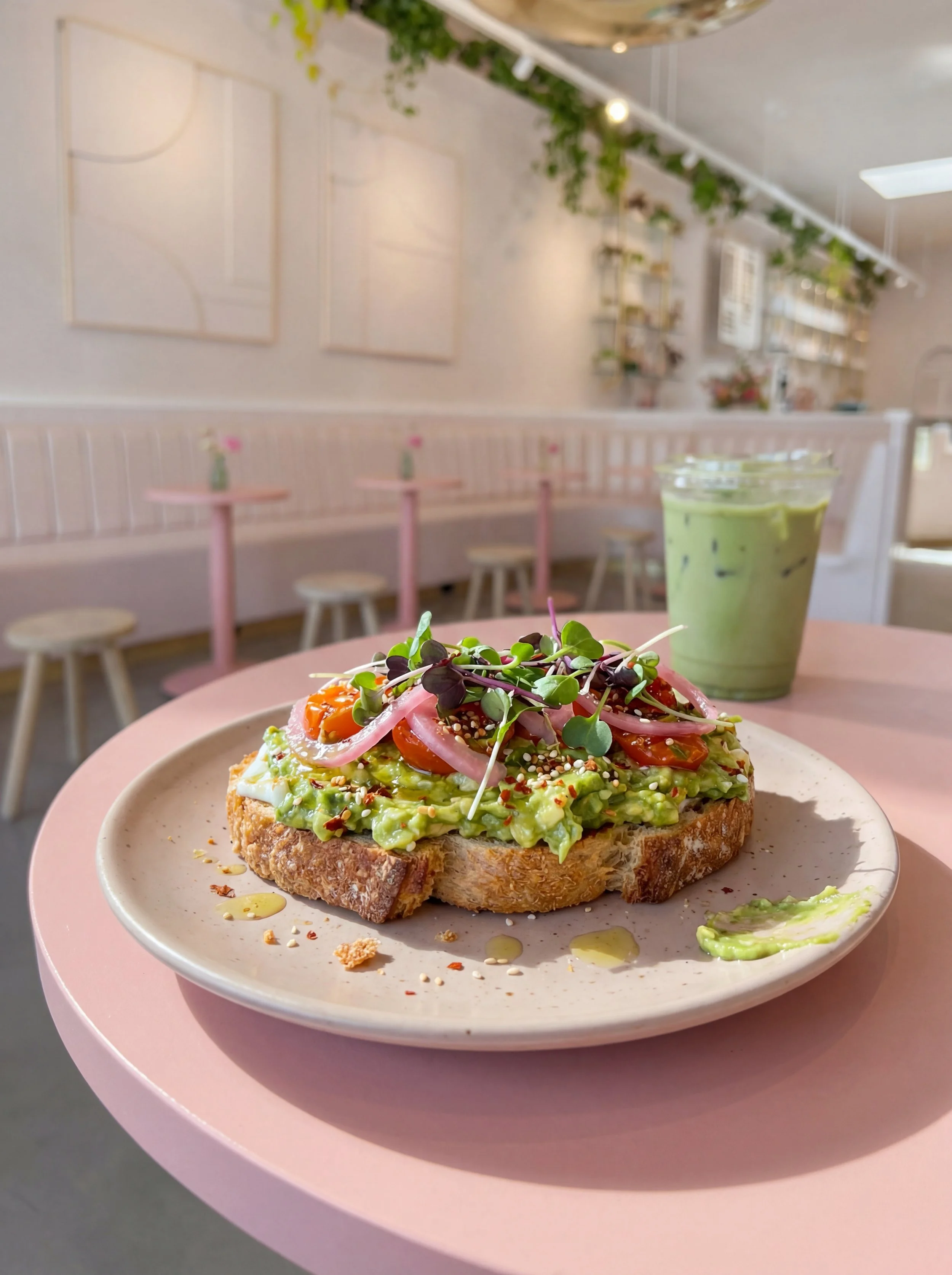 Avocado toast garnished with cherry tomatoes, pickled onions, microgreens, and sesame seeds, served on a beige plate. A side of guacamole and a glass of iced matcha latte are on a pink table inside a pastel-colored cafe with pink and white decor.