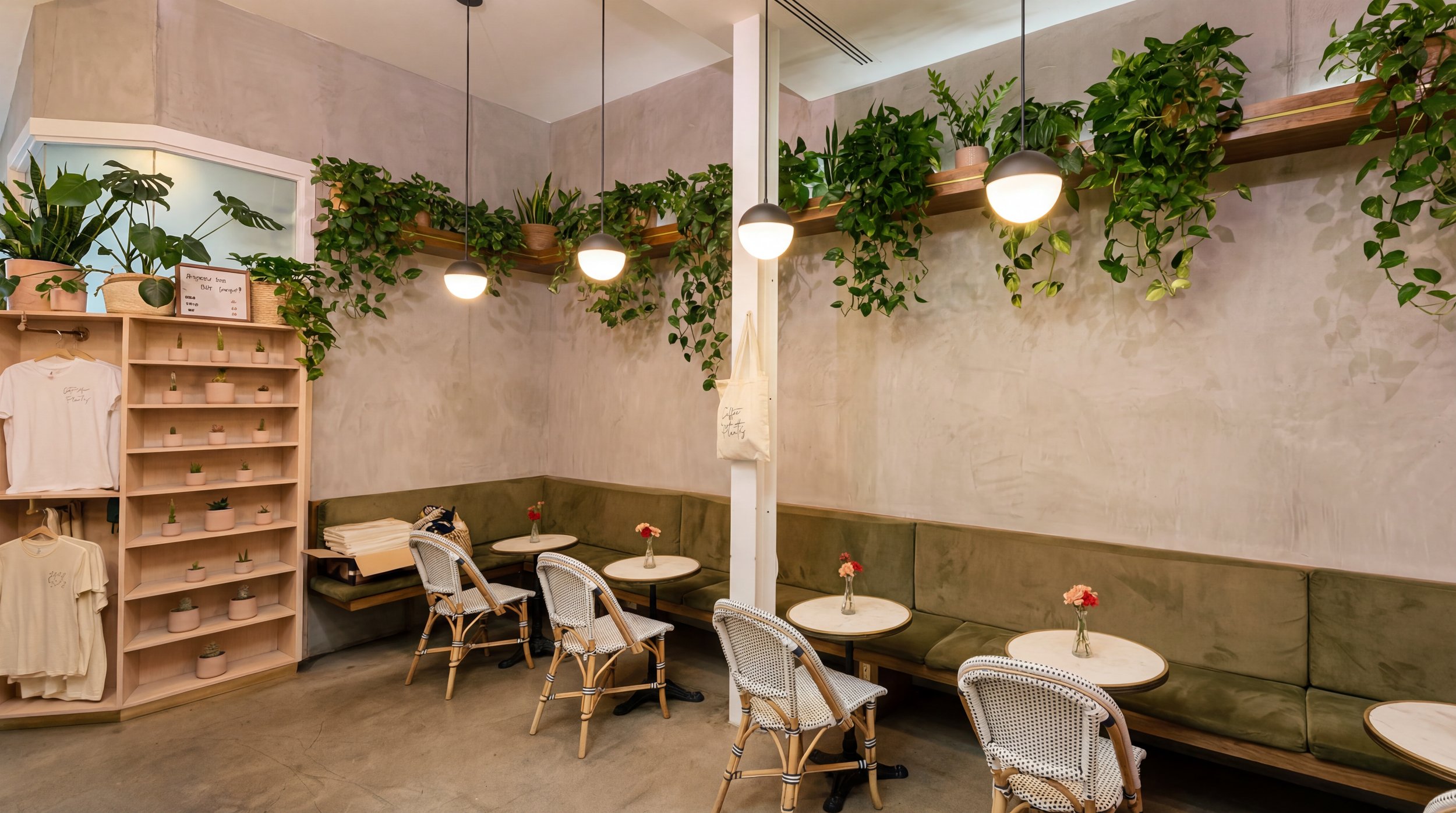 A cozy cafe corner with a long green cushioned bench, small round tables with glass vases of pink and red flowers, white wicker chairs, and shelves filled with potted plants and clothing, decorated with hanging greenery and pendant lights.