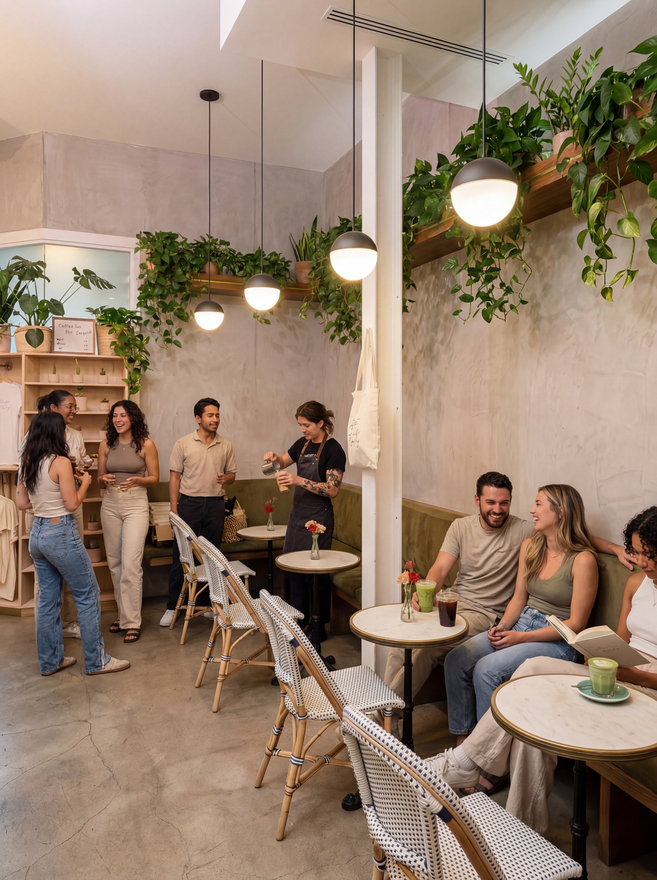 People socializing and enjoying drinks inside a modern cafe with hanging lights and potted plants on the wall.