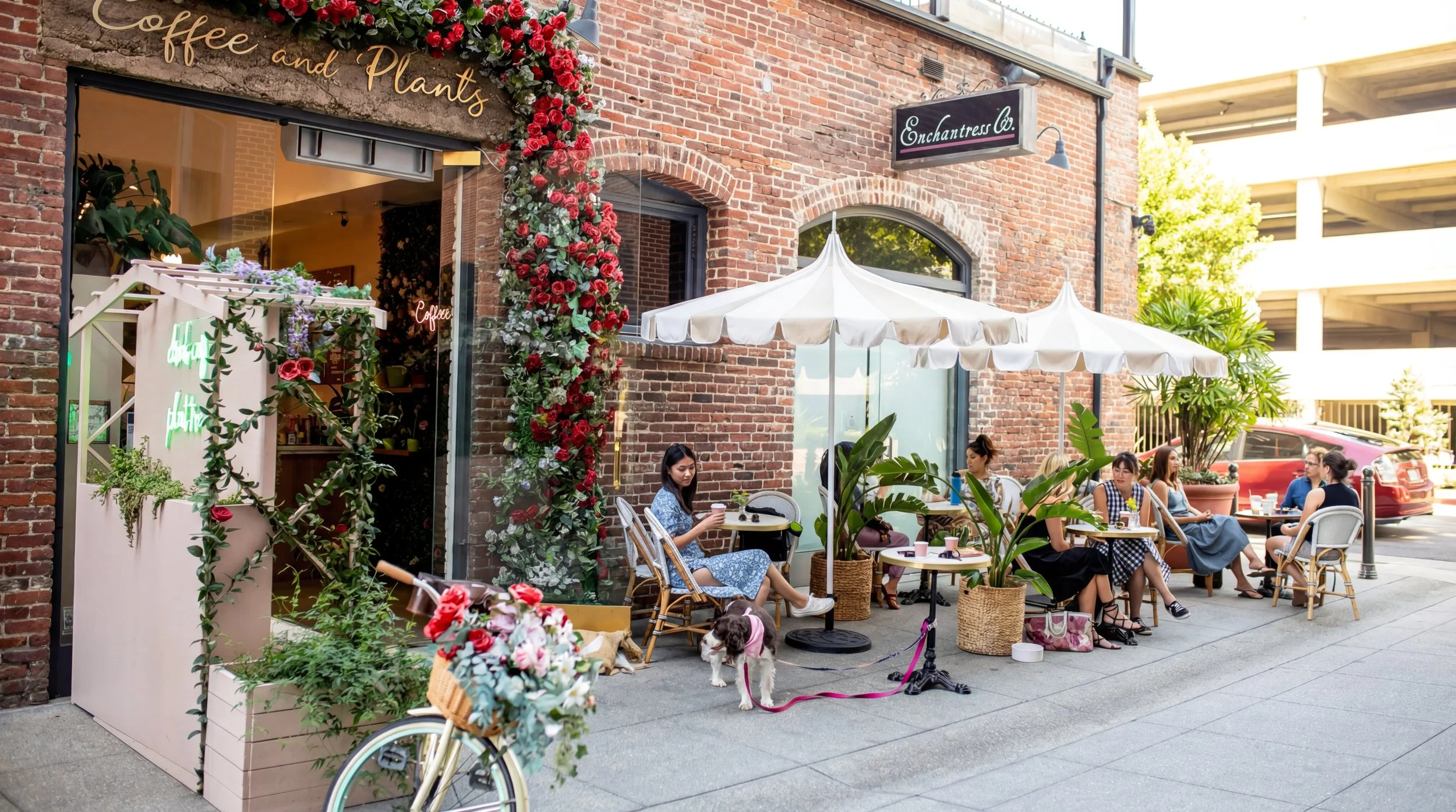 People sitting outside a coffee shop with white umbrellas, surrounded by plants and flowers, on a city sidewalk.