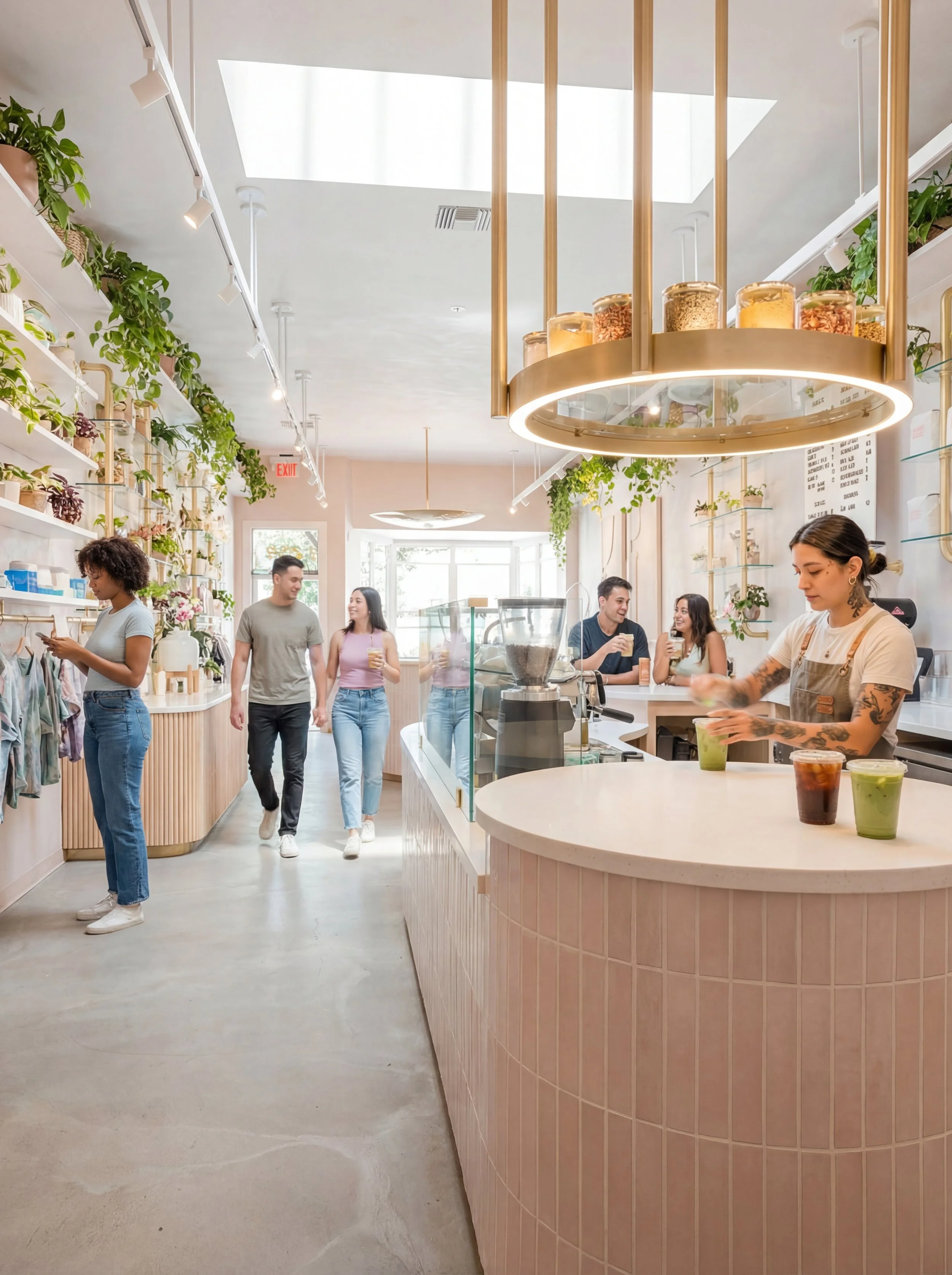 Inside a modern, brightly lit café with green plants on shelves, a counter with colorful drinks, and customers enjoying their time.