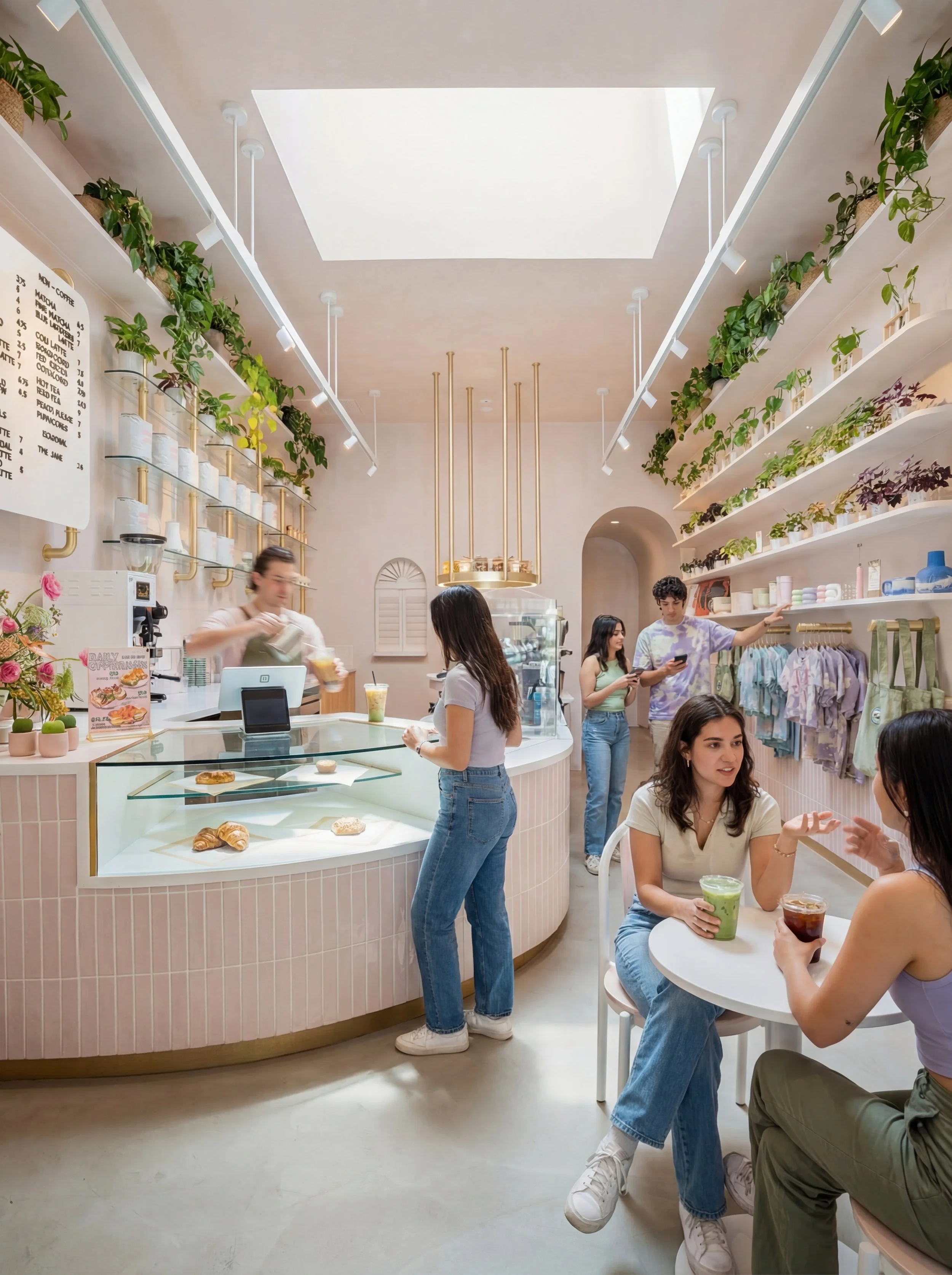 A cozy cafe with a pastel pink counter, hanging plants on white shelves, and customers sitting and ordering drinks inside.
