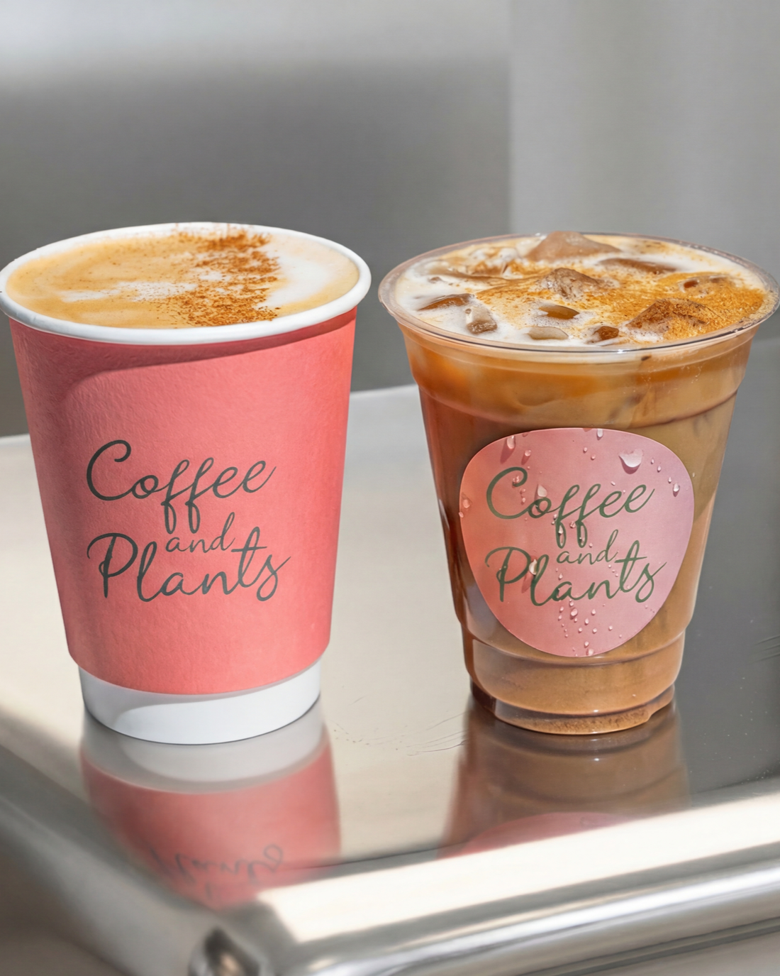 Two coffee drinks in pink cups with a "Coffee and Plants" label, one hot with foam and cinnamon, the other iced with ice and milk.