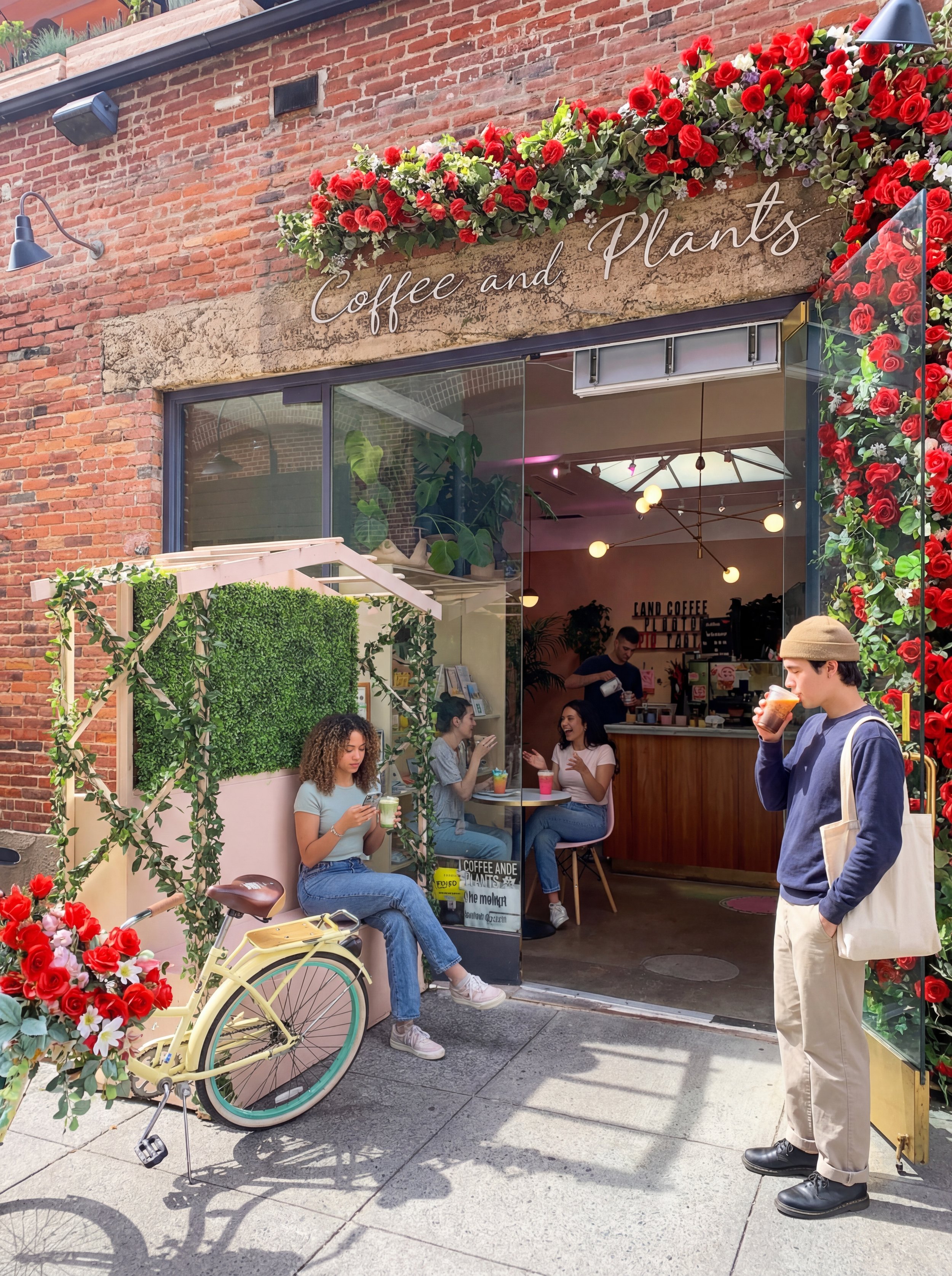 A storefront coffee shop called 'Coffee and Plants' decorated with red roses and green plants, with three people enjoying drinks outside and inside, and a yellow bicycle parked outside.