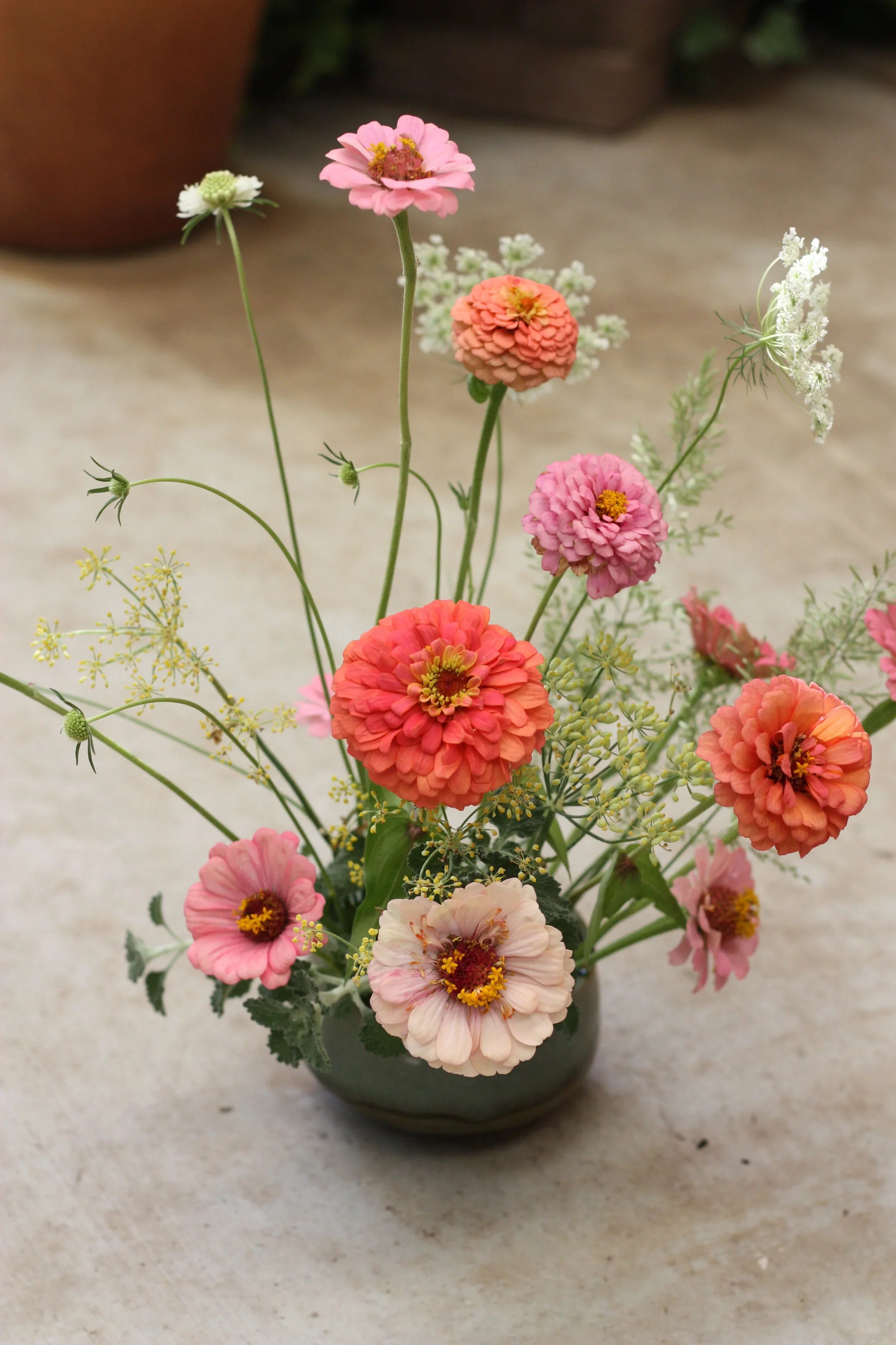 A bouquet of colorful zinnia flowers in a black vase on a light-colored surface, with a blurred background.
