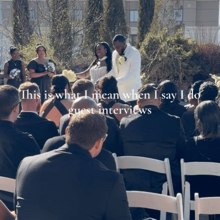People attending an outdoor wedding ceremony with a couple exchanging vows, and guests seated in white chairs in the background.