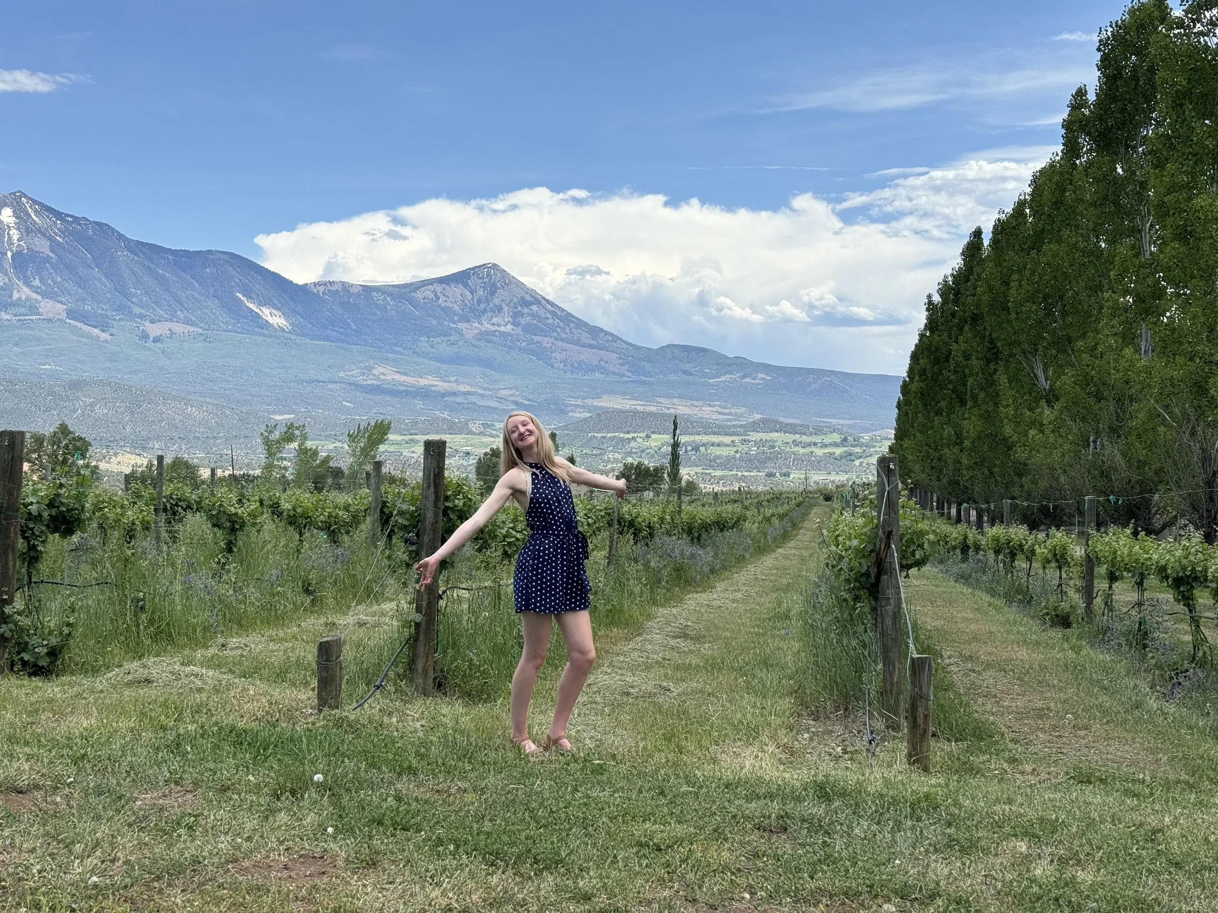 A girl in a navy polka dot dress standing with arms outstretched in a vineyard with mountains in the background and a partly cloudy sky.