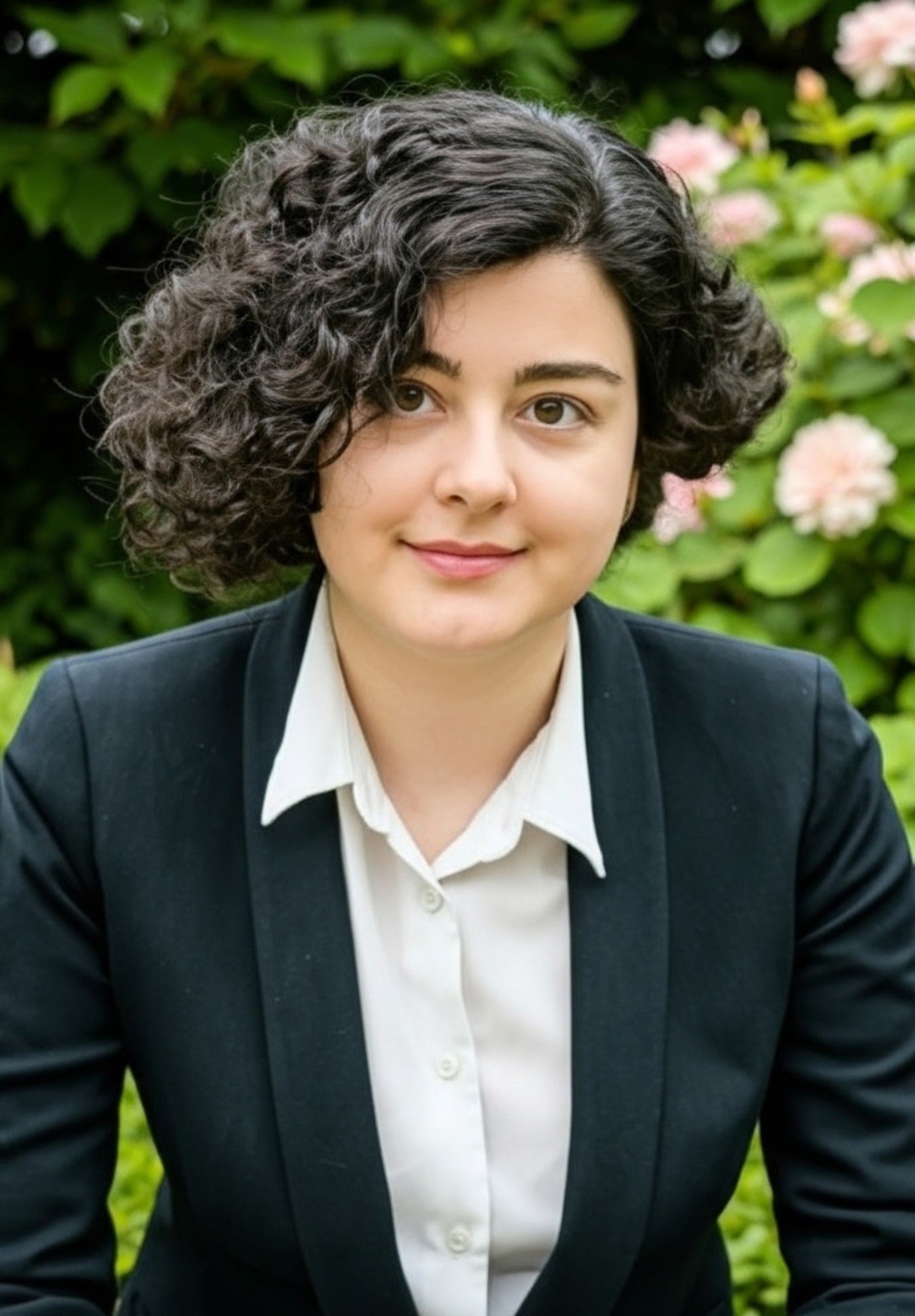 Portrait of a woman with dark curly hair wearing a black blazer and white shirt, outdoors with green foliage and pink flowers in the background.