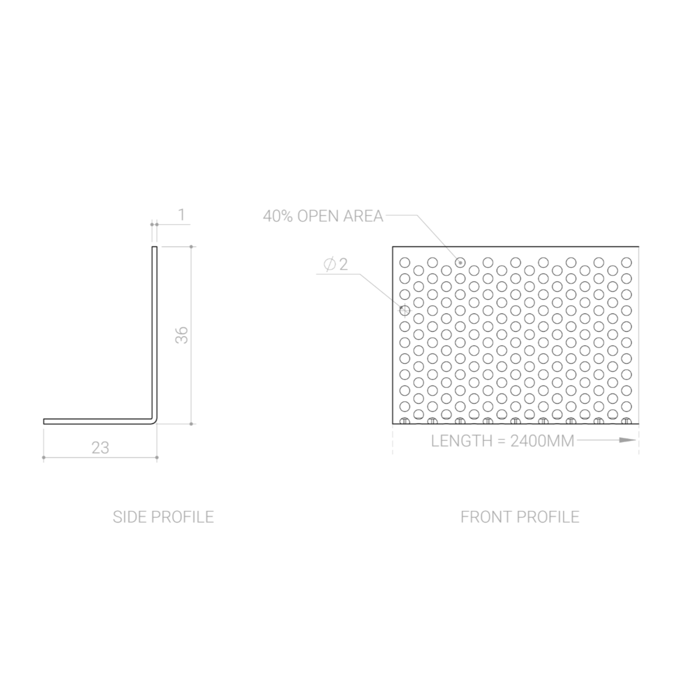 Engineering drawing of a perforated metal sheet with side and front profiles, dimensions, and specifications, including a 40% open area and 2400mm length.