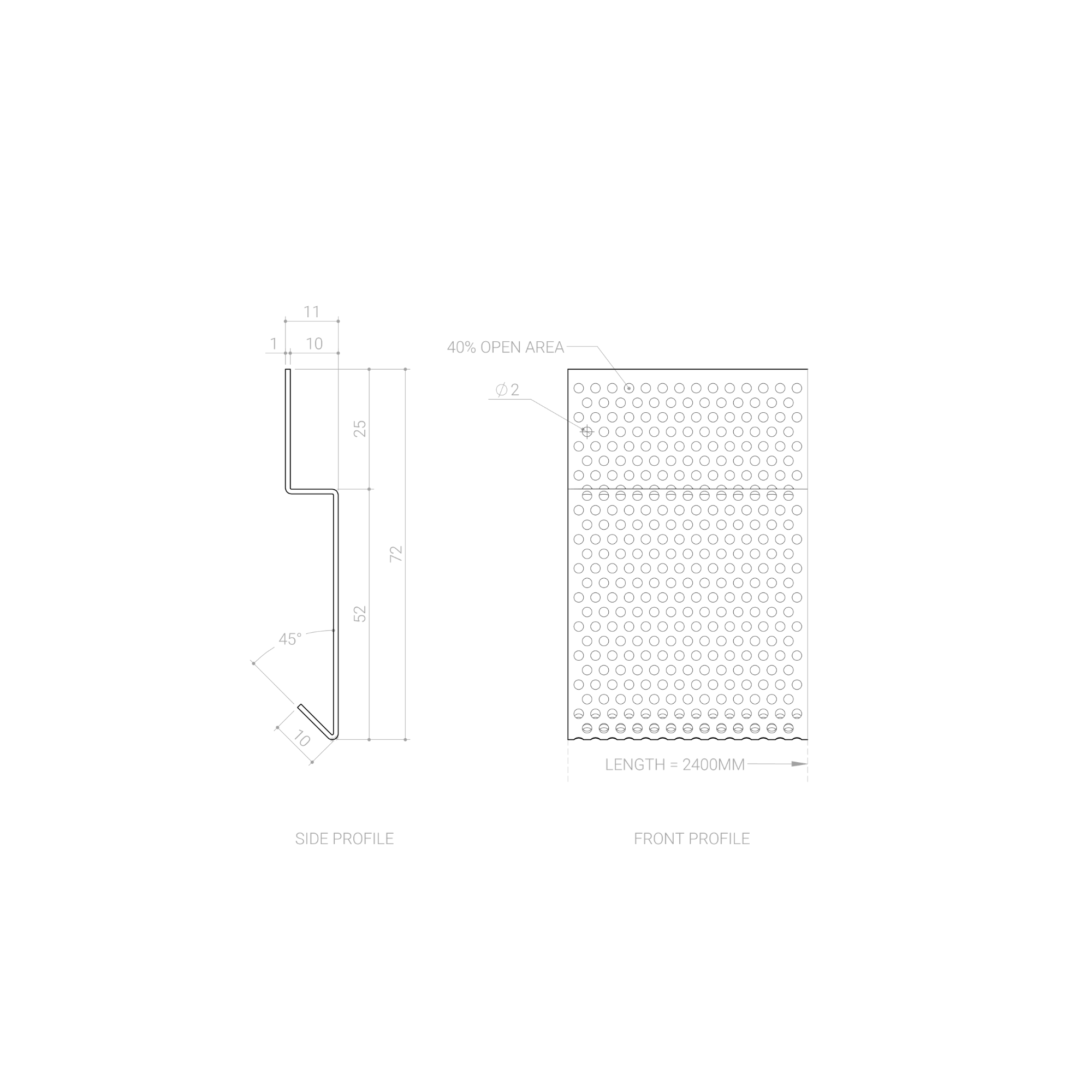 Technical drawing of a perforated metal plate with detailed measurements and specifications.