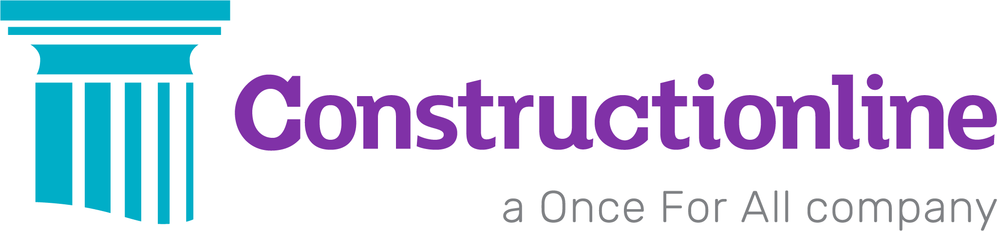 Construction company logo with a blue column icon and purple text 'Construction' and gray text 'a Once For All Company'.