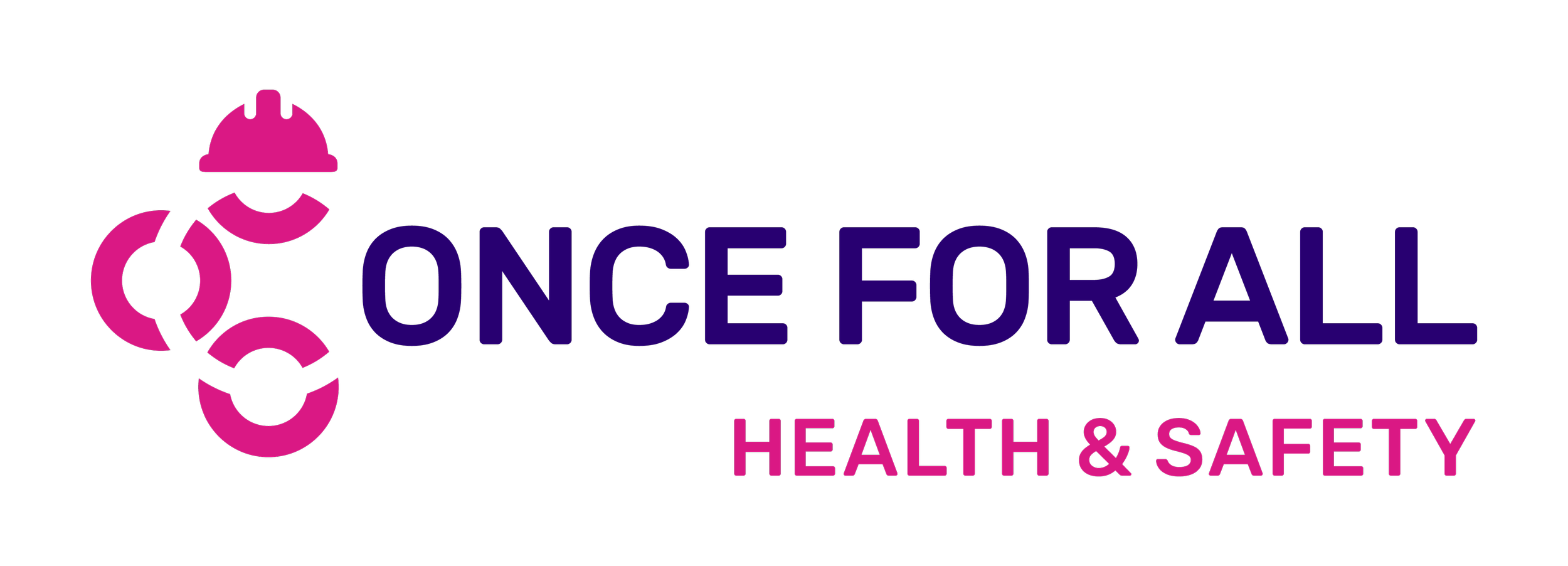 Logo of Once For All Health & Safety featuring pink and purple icons of safety helmets and circular shapes on a black background with the text 'Once For All' in large purple font and 'Health & Safety' in smaller pink font.