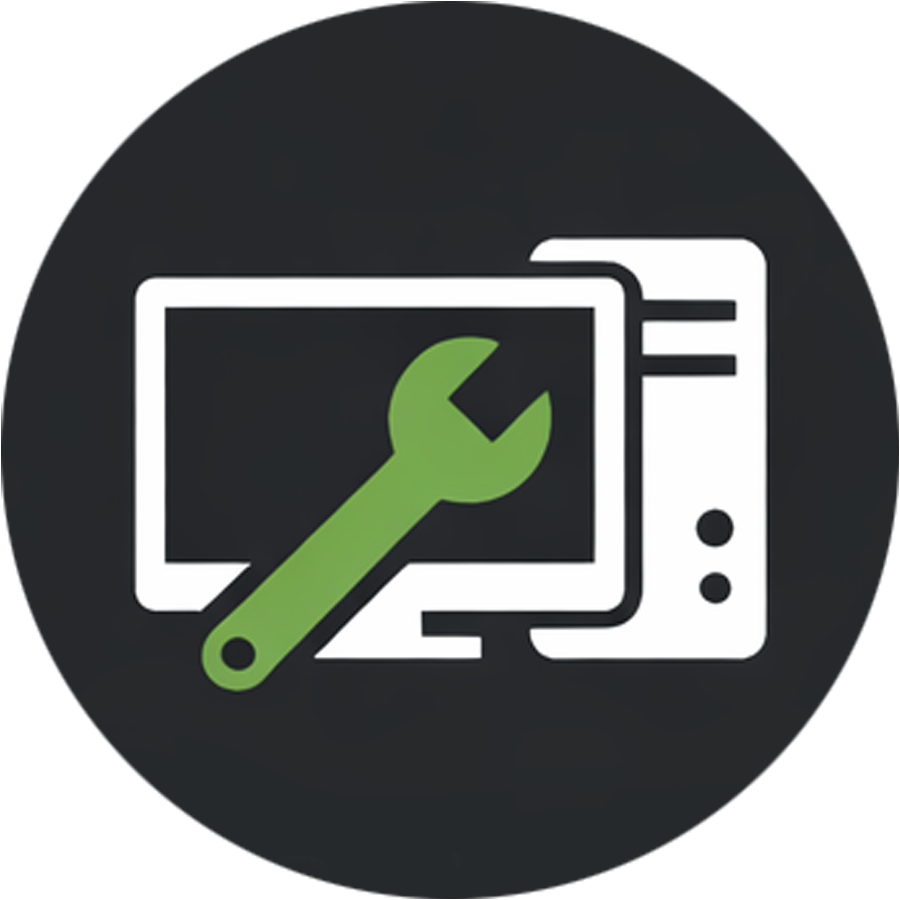 Icon of a computer monitor and tower with a green wrench overlay, indicating computer repair or maintenance.