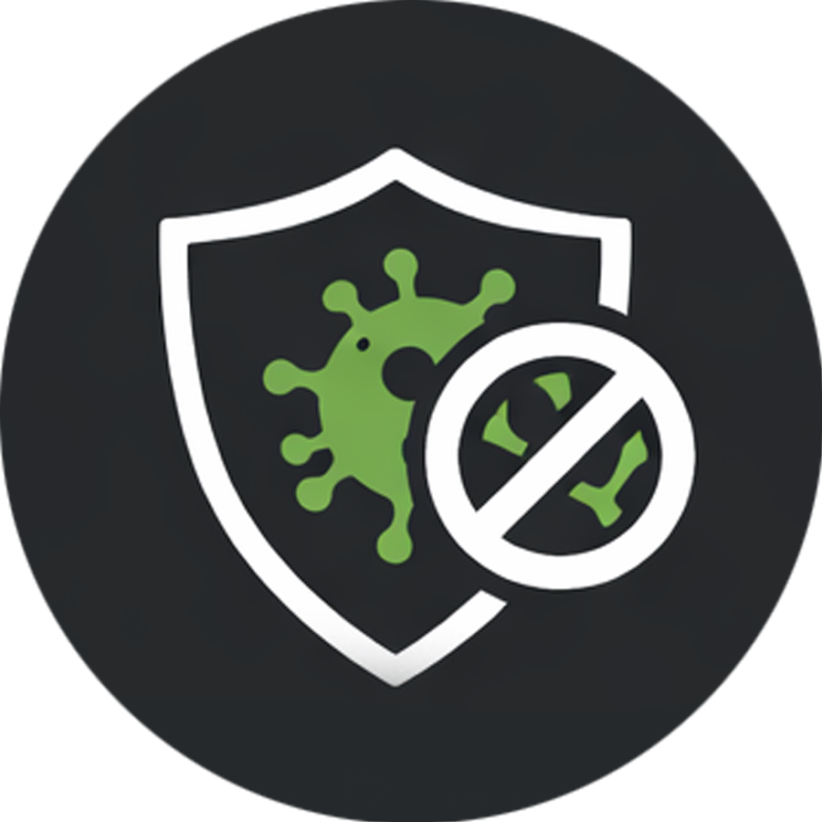 Shield icon with a virus symbol and a prohibition sign, representing protection against germs or viruses.