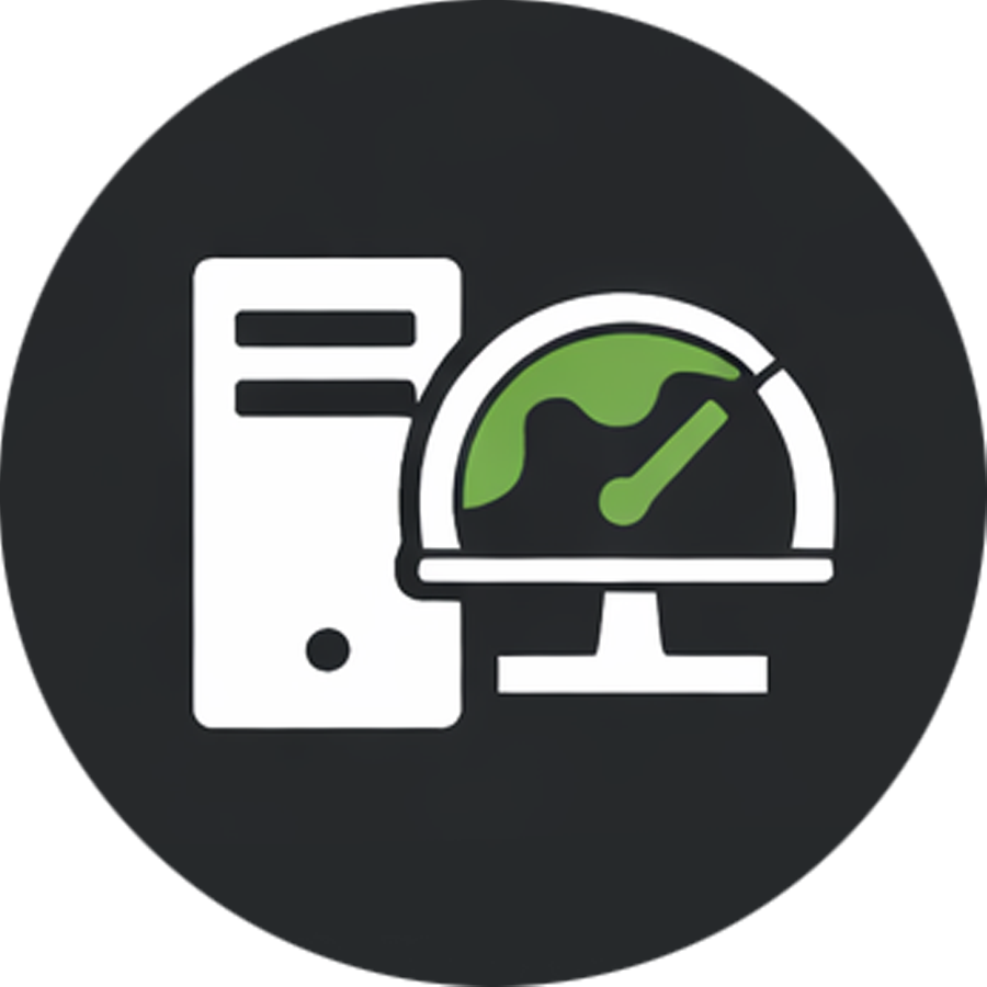 Computer tower and monitor showing system performance optimization.