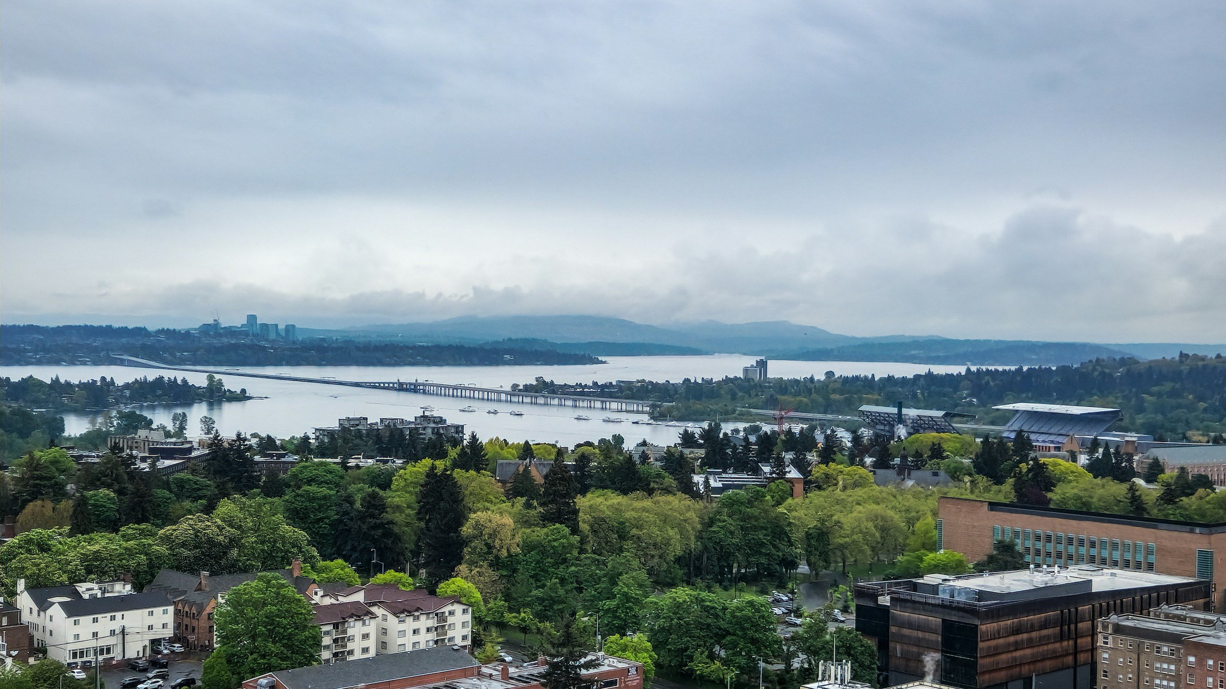 Aerial view of a Seattle residential neighborhood with Bellevue in the background