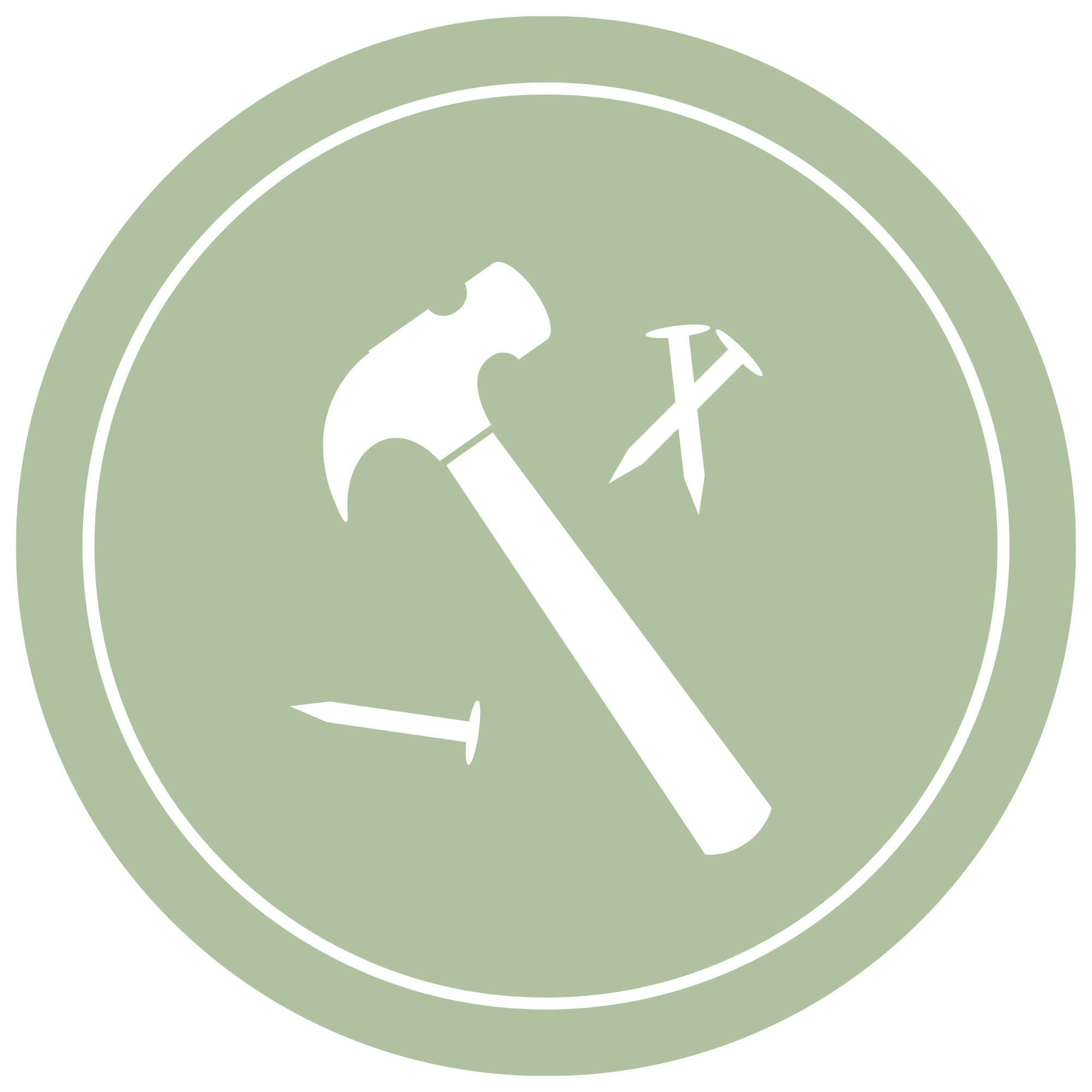Close-up of a clock with a hammer and a nail in the center, set against a green background.