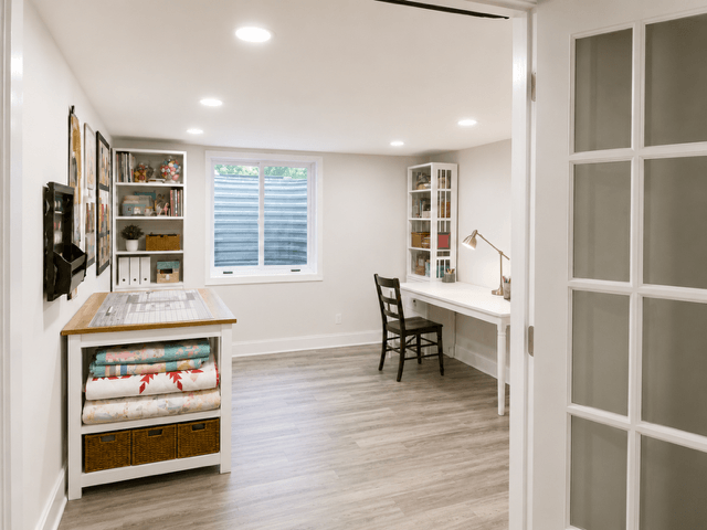 Empty room with wooden flooring, white walls, a window, built-in shelves, a white desk with a black chair, and a small table with storage drawers.