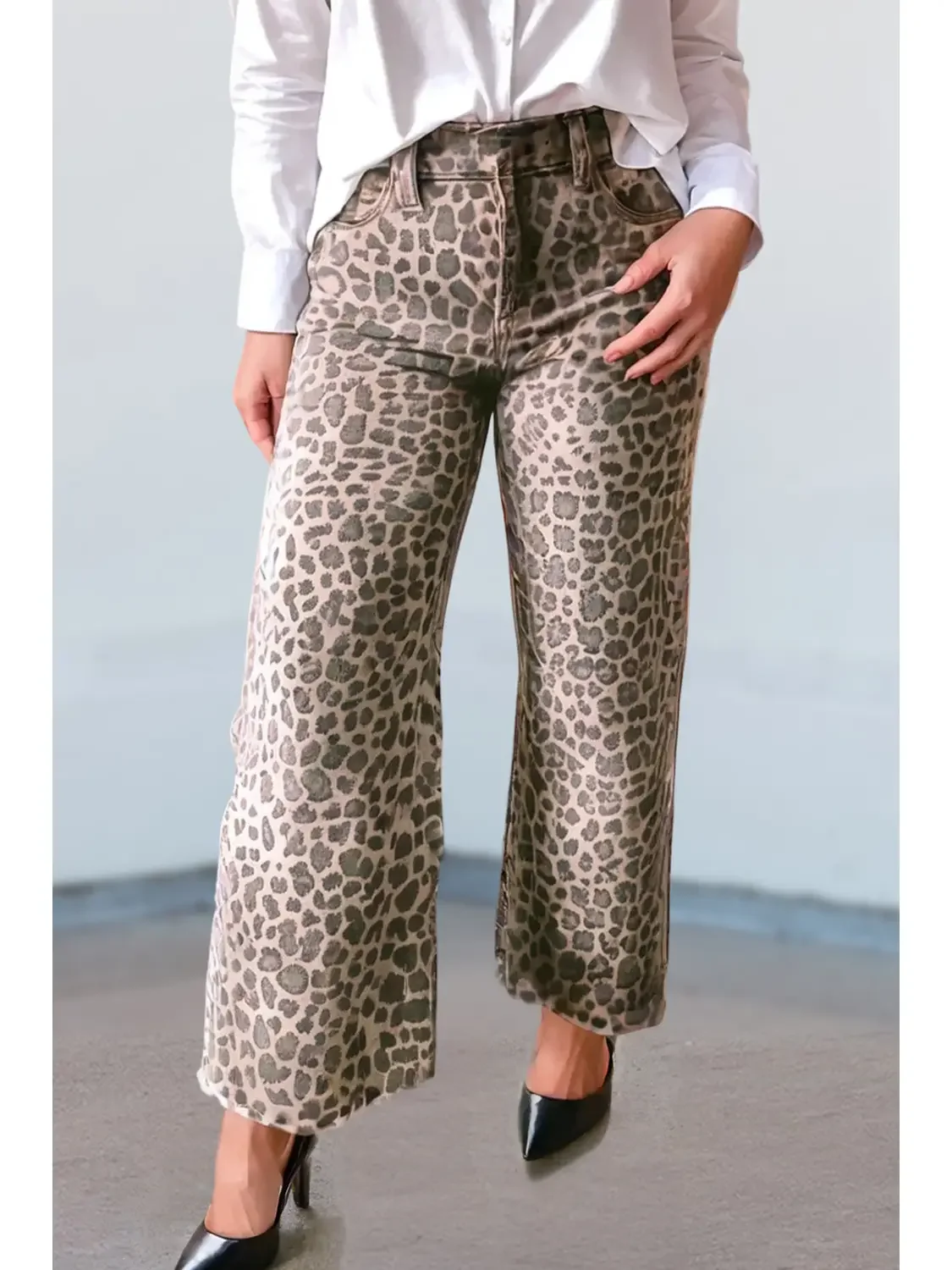 Leopard Frayed Edge Wide Leg High Waist Jeans