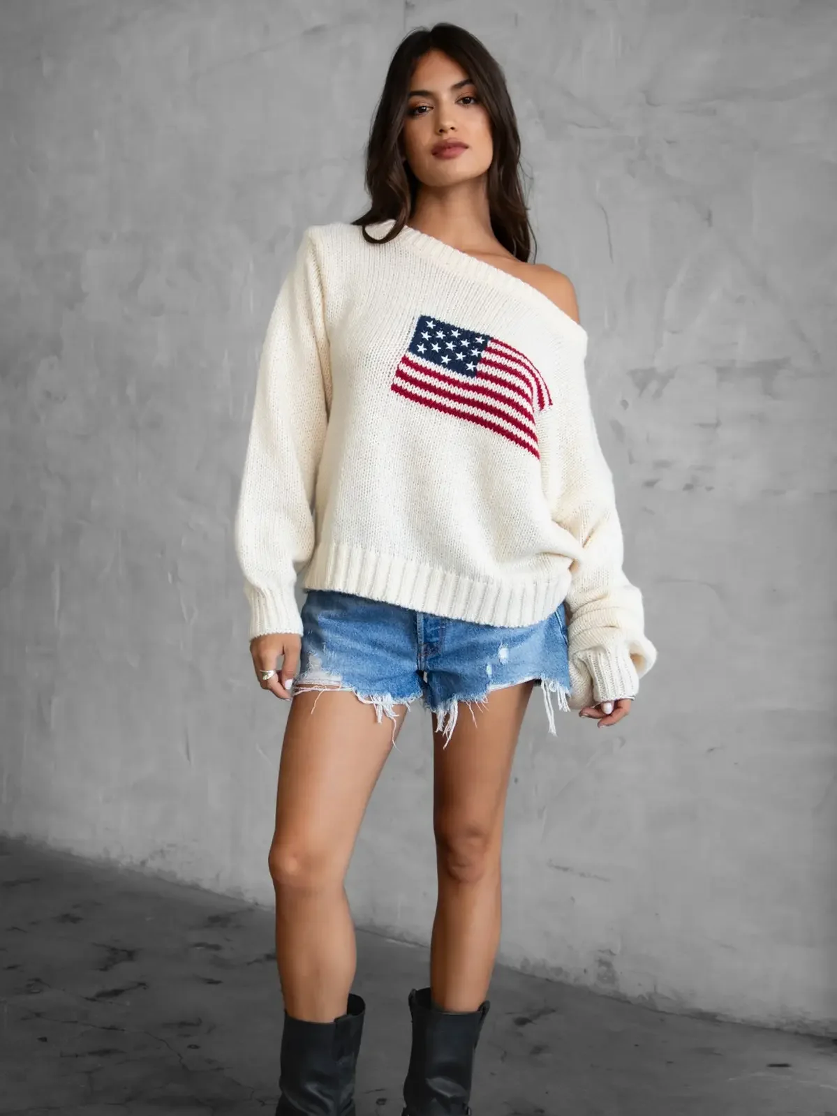 American Flag Knit Off The Shoulder Boat Neck Sweater