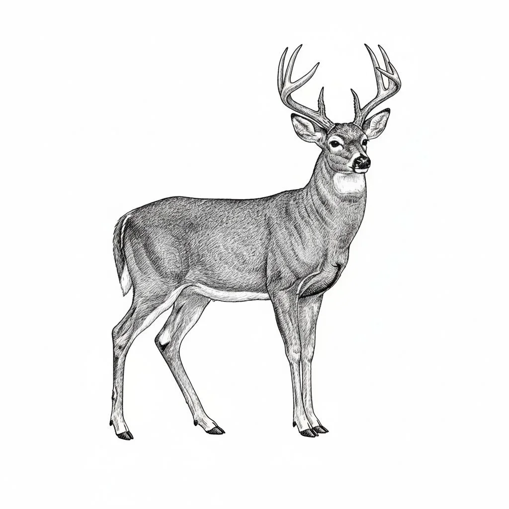 A detailed black and white sketch of a deer with large antlers standing on a white background.