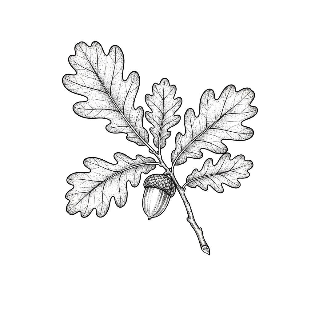 Black and white illustration of an oak branch with several lobed leaves and a single acorn hanging from the stem.
