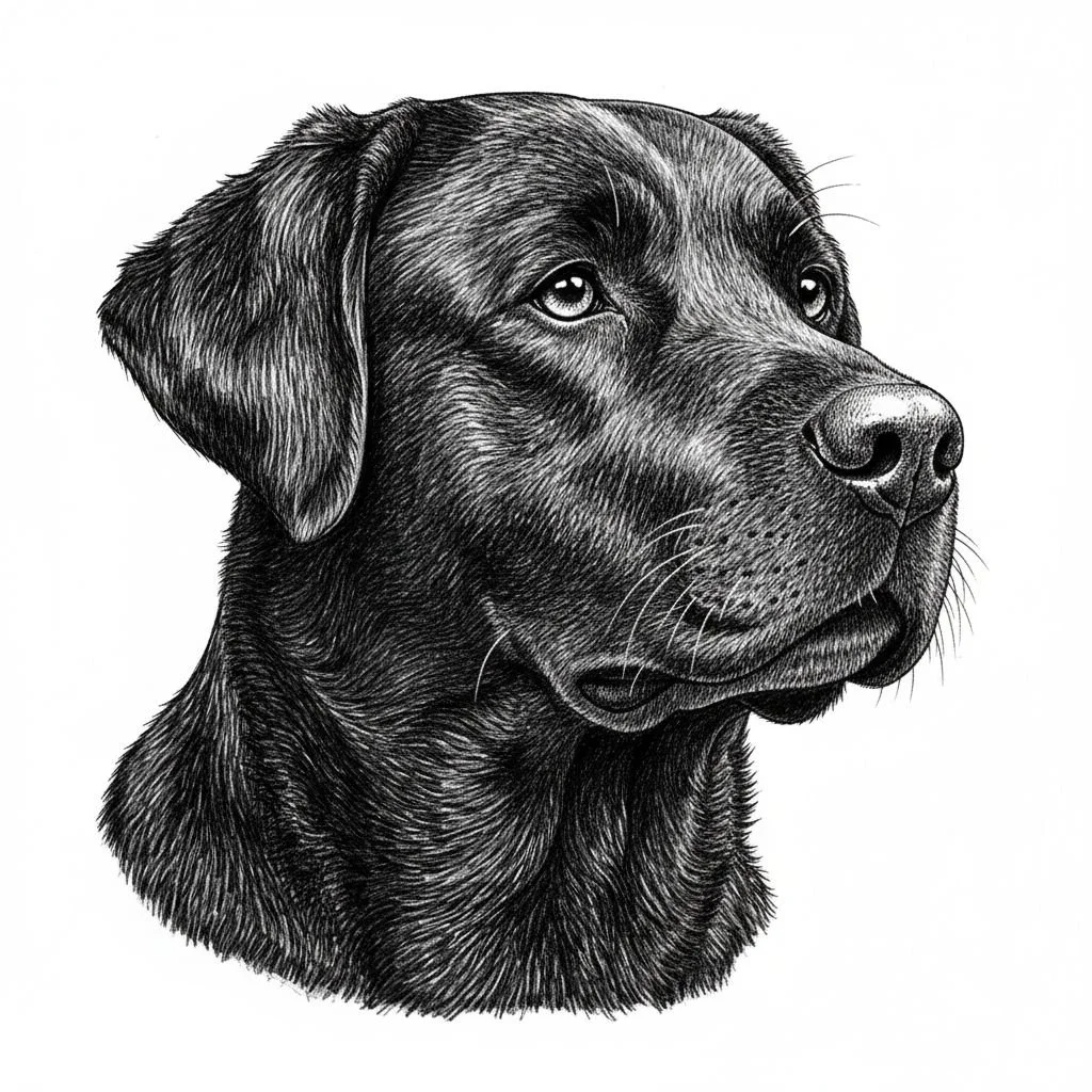A black Labrador retriever drawn in pen-and-ink style