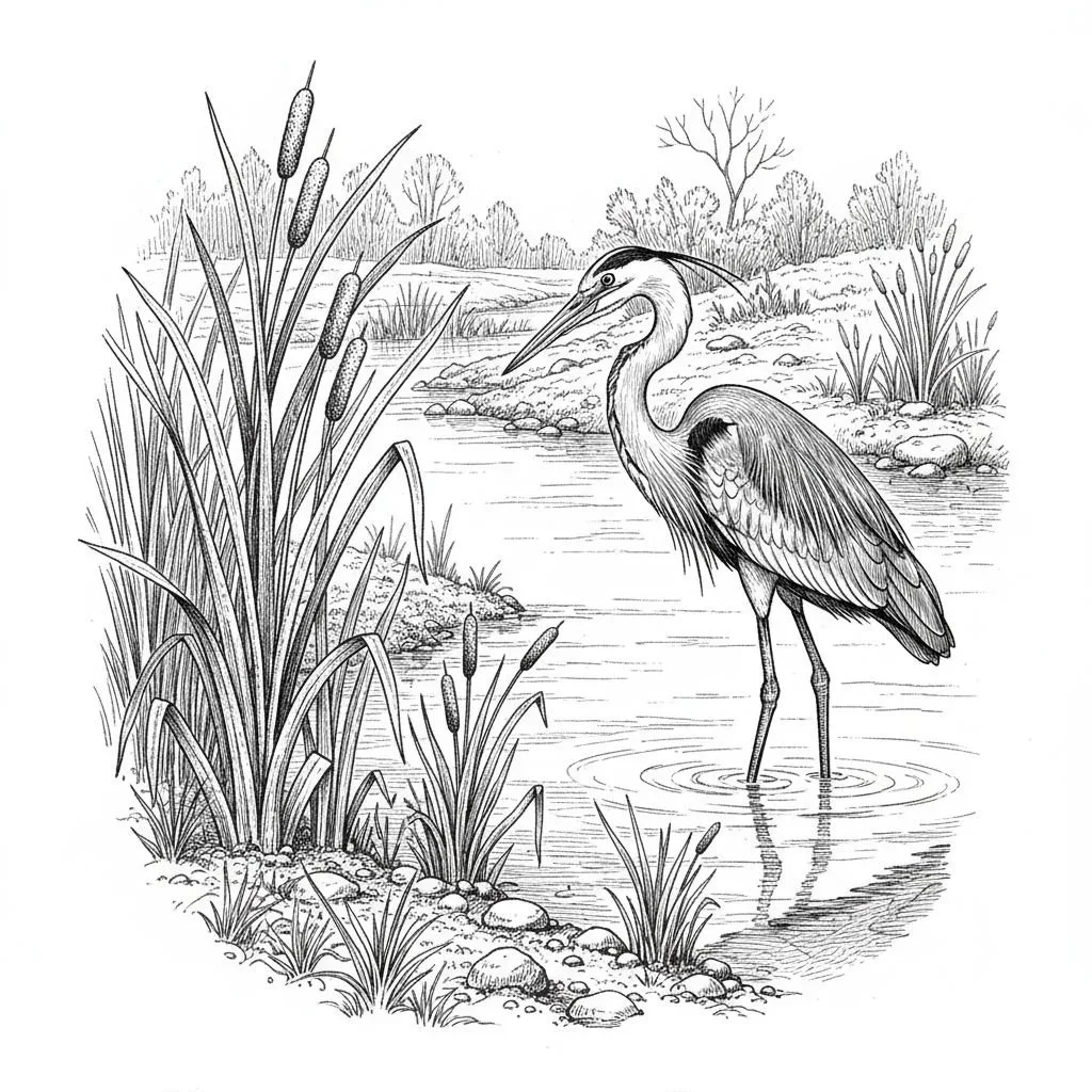 A heron standing in a shallow pond surrounded by tall grass and reeds, with trees in the background.