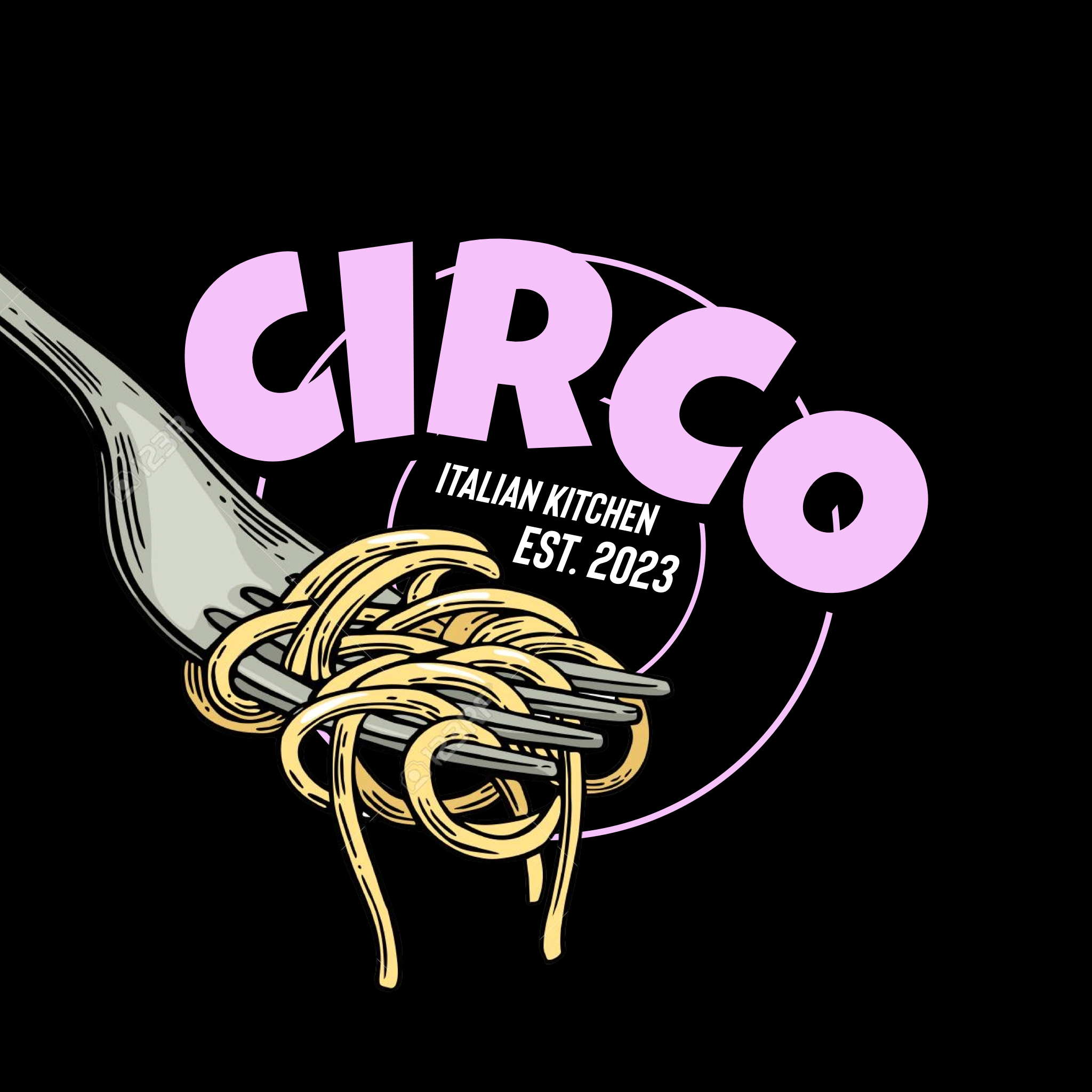 Logo for Circo Italian Kitchen featuring a fork with spaghetti and the text "CIRCO" and "Italian Kitchen Est. 2023" on a black background.