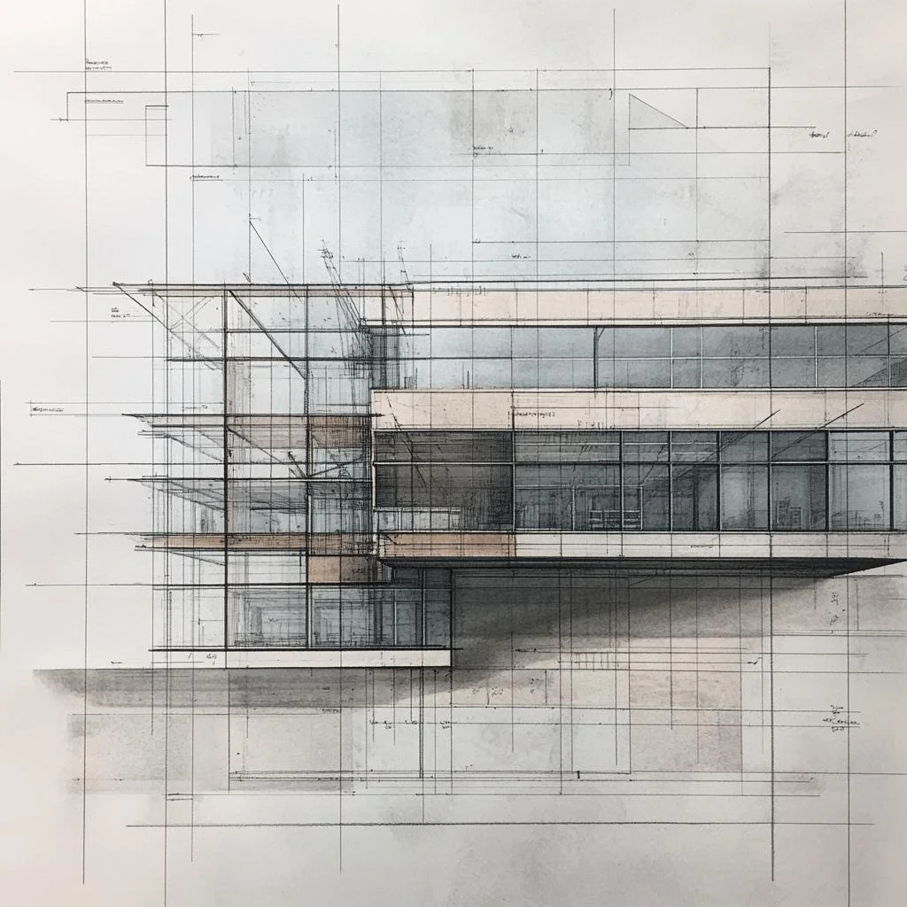 Architectural blueprint of a modern multi-story building with detailed lines and measurements, including sections and elevations.