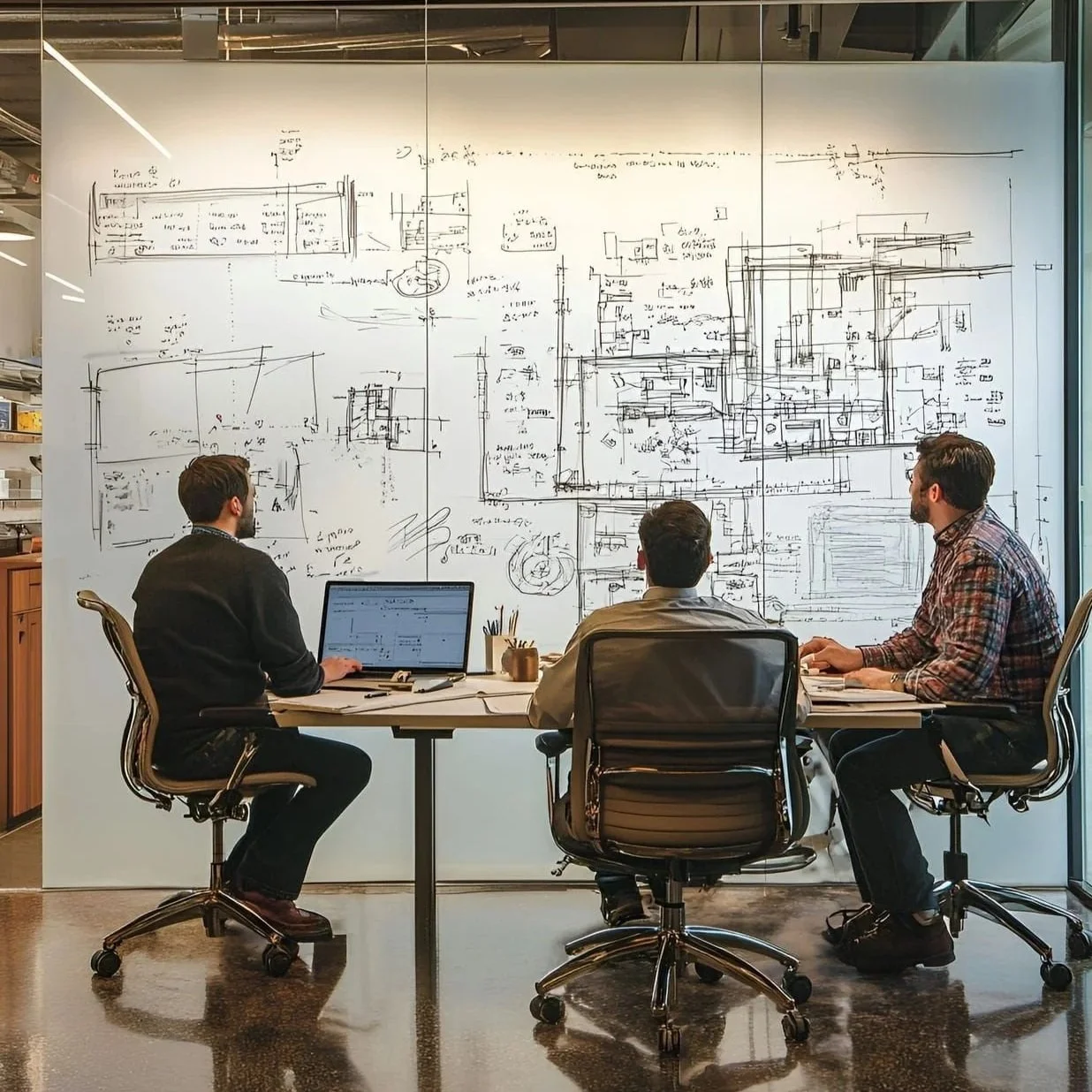 Three men are seated at a table in a modern office, reviewing architectural plans on a large glass wall behind them. One man is working on a laptop, and the men appear to be discussing construction or design plans.