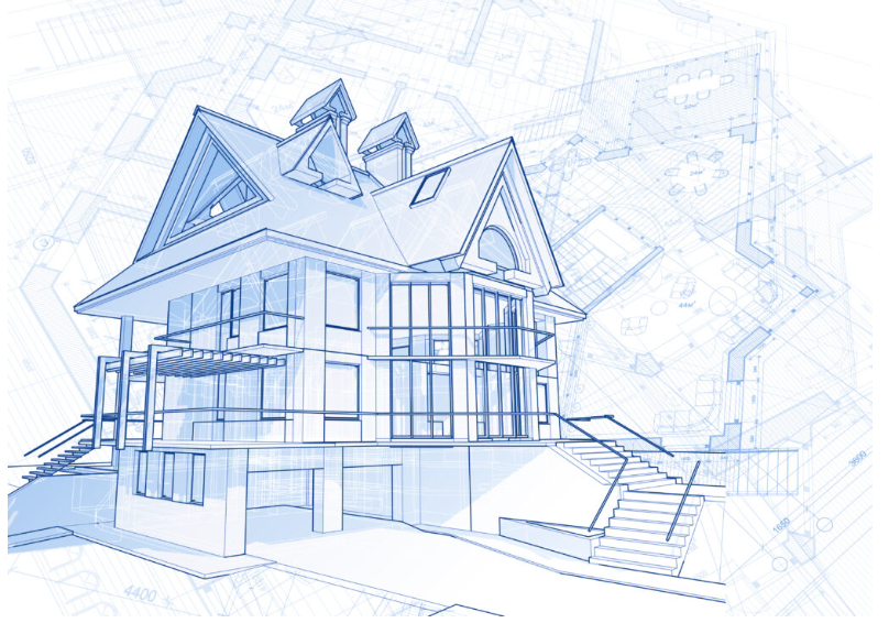 Blueprint drawing of a multi-story house with a steep roof and multiple chimneys, showing architectural details and floor plans.