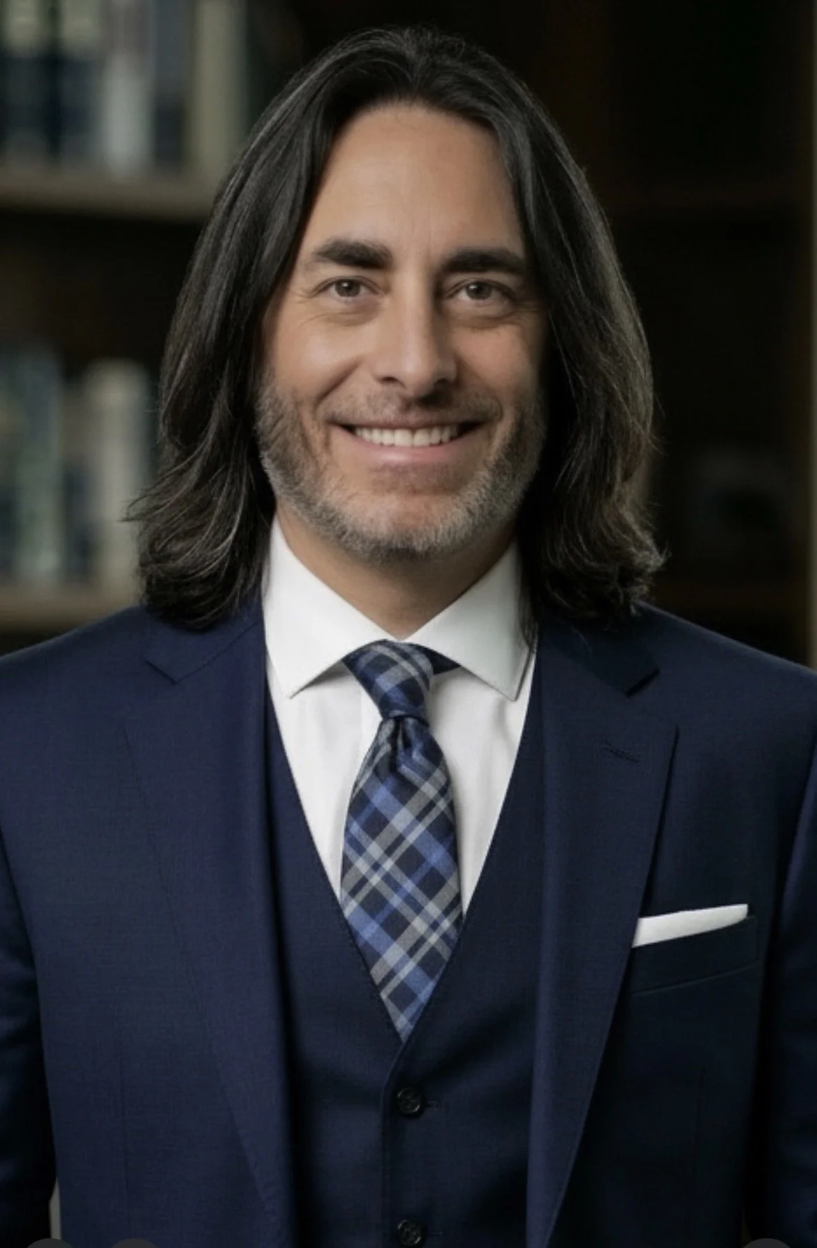 A smiling man with shoulder-length dark hair, wearing a navy blue suit and a plaid tie, standing in front of a blurred bookshelf background.