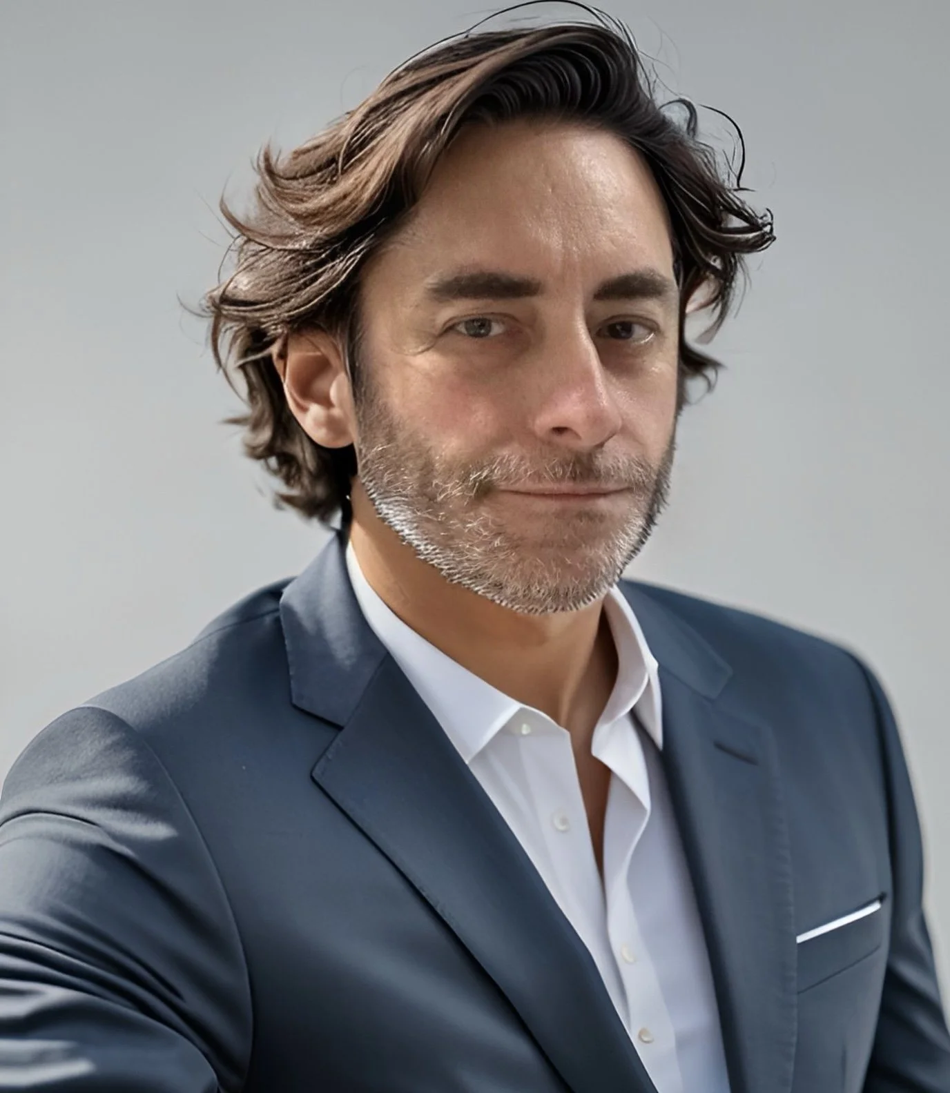 A man with shoulder-length wavy brown hair, a light beard, dressed in a navy suit and white shirt, taking a selfie against a plain, light gray background.