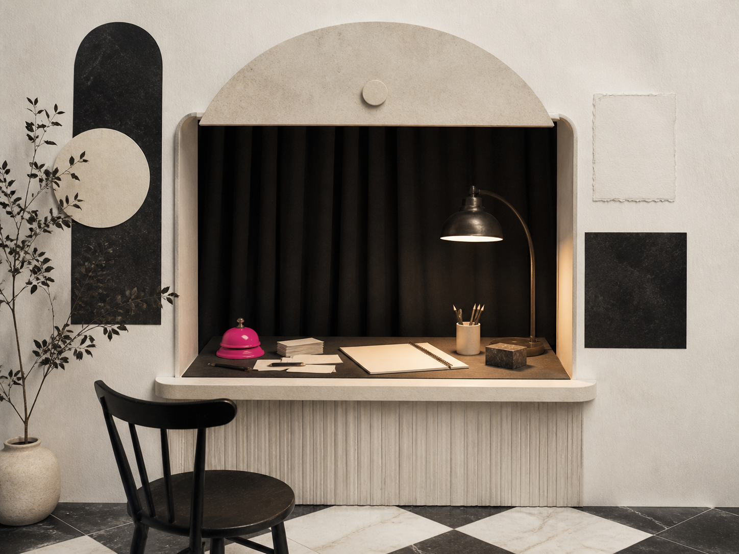 Small consultation desk with chair, lamp, notebook, and papers suggesting focused advisement for important work that needs shape.