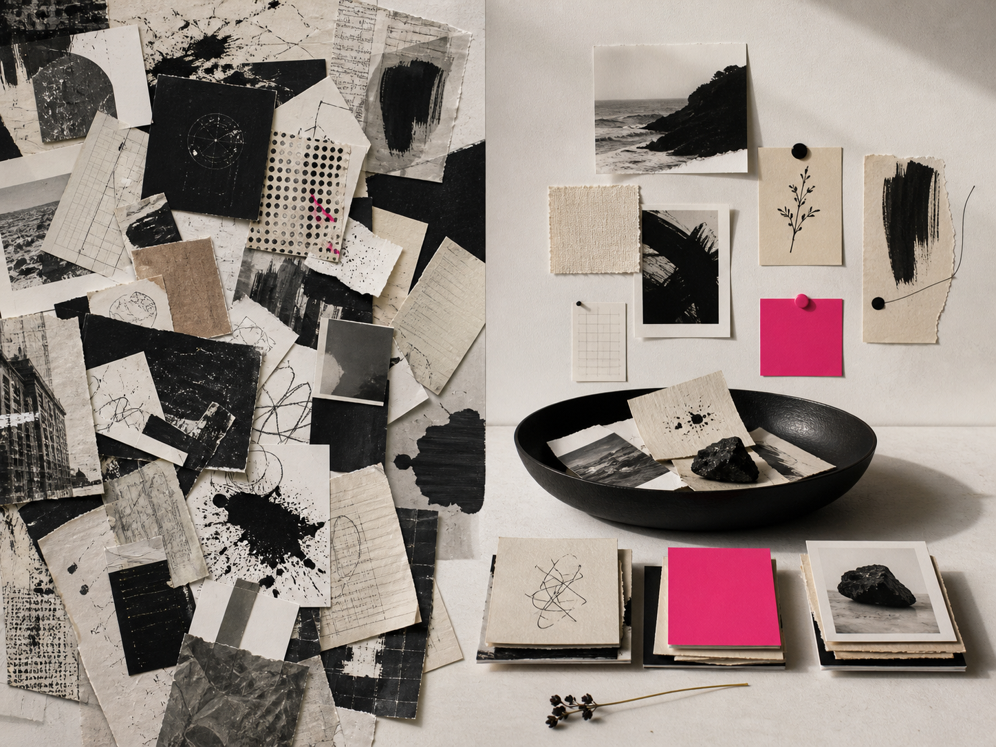 Scattered papers and fragments being sorted into a clearer pattern, suggesting signal emerging from overload and contradiction.