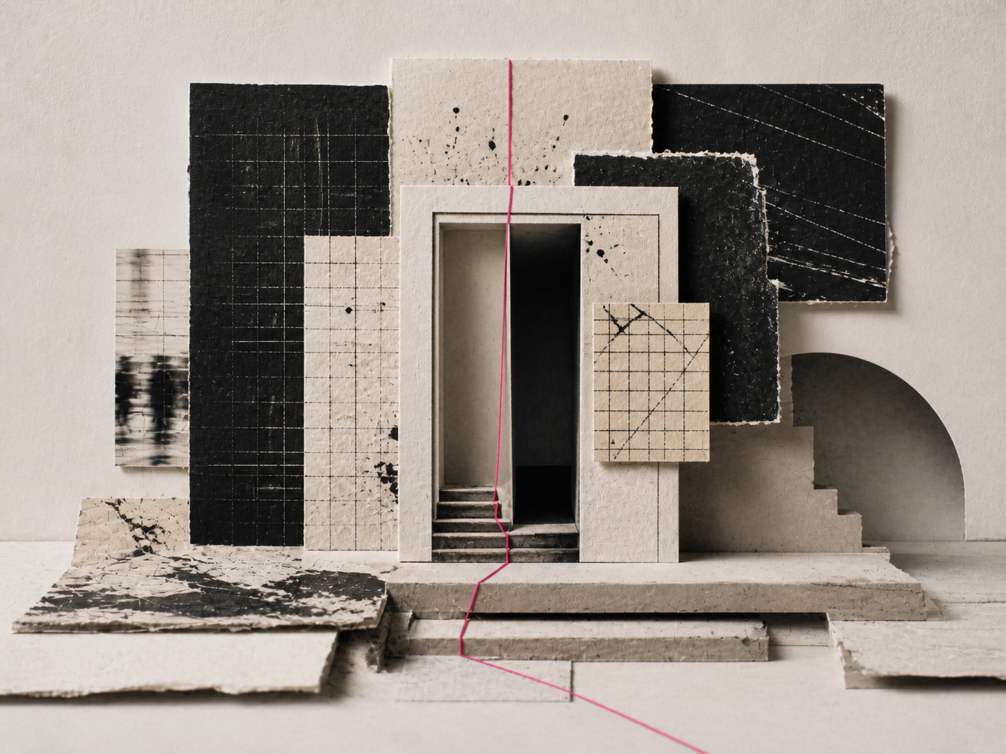 Misaligned grids, layered shapes, and a hot pink path suggesting tension becoming visible and ready for redesign.
