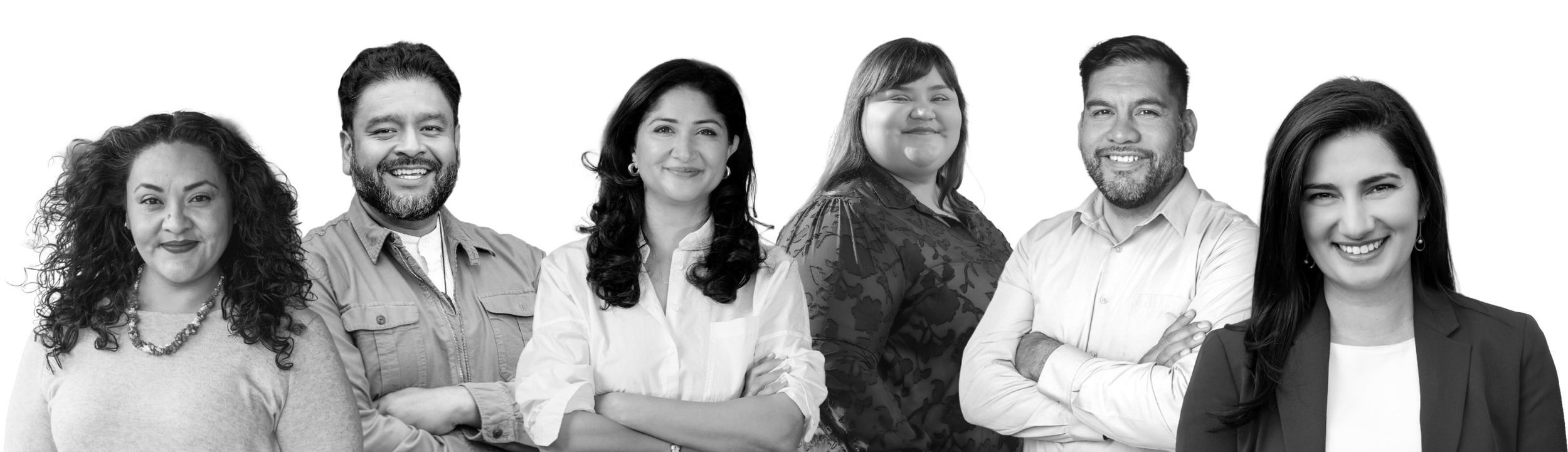 Portraits of DSA-LA candidates for local public office. Dr. Rocio Rivas, Estuardo Mazariegos, Faizah Malik, Eunisses Hernandez, Hugo Soto-Martinez, and Marissa Roy