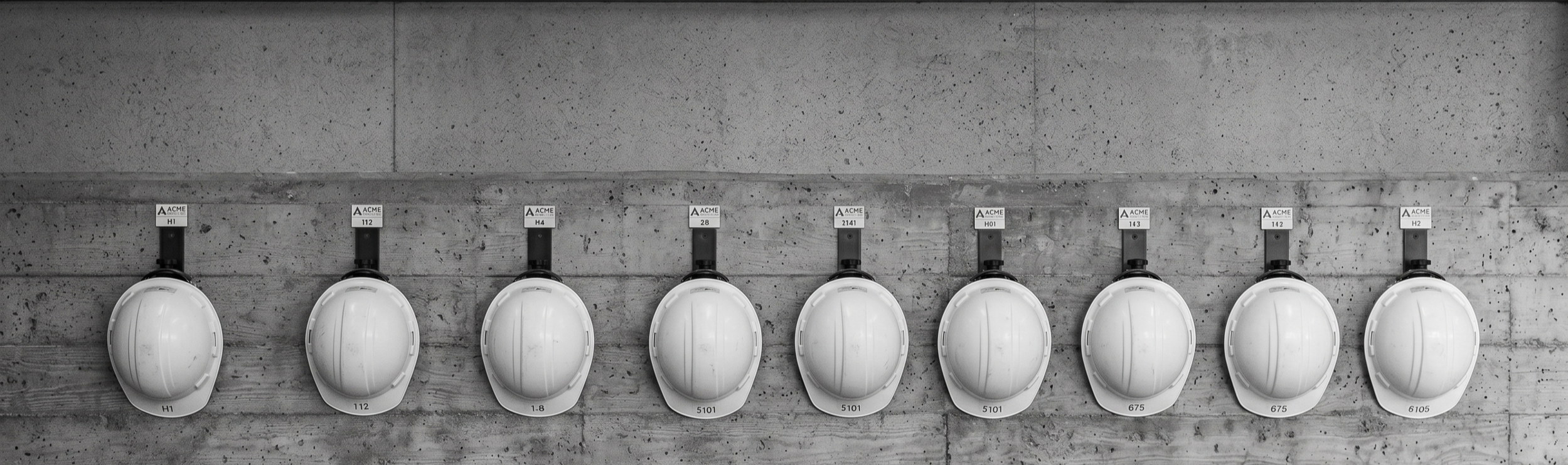 Row of eight white construction helmets hanging on a concrete wall, each labeled with a different number or code.