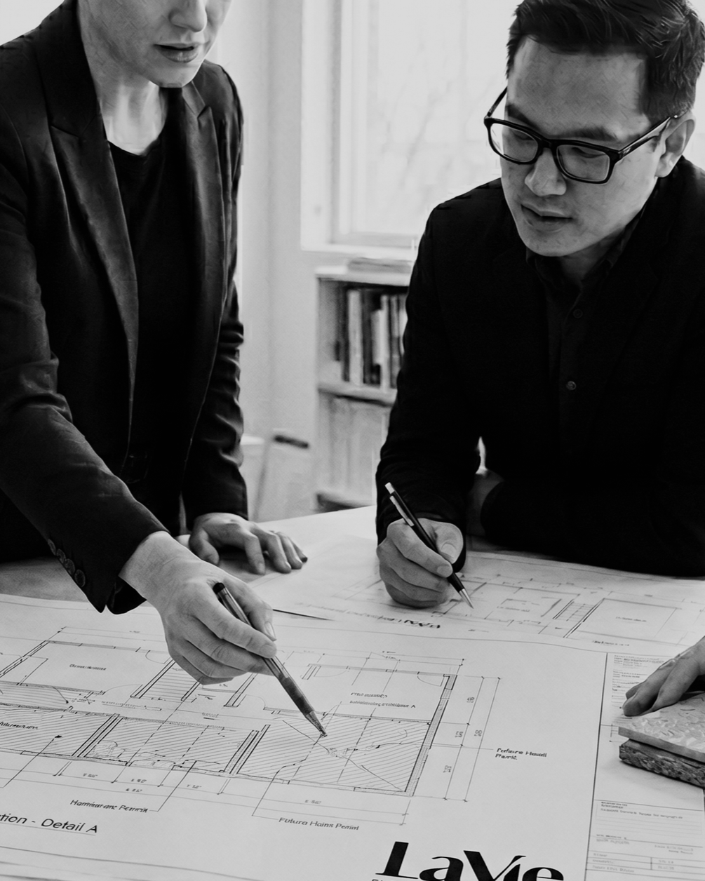 Two professionals reviewing architectural blueprints on a large table, one pointing with a pen and the other taking notes, in a well-lit office.